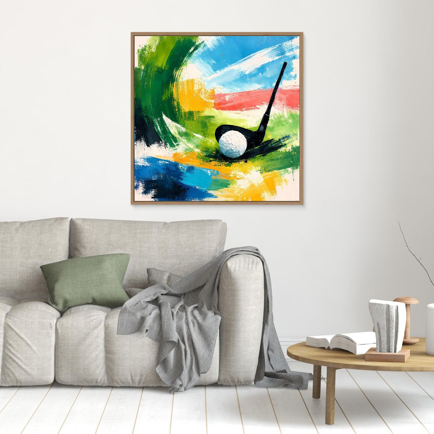 Abstraktes Golf-Wandbild auf Leinwand mit schwarzem Schläger und weißem Ball, im braunen Rahmen