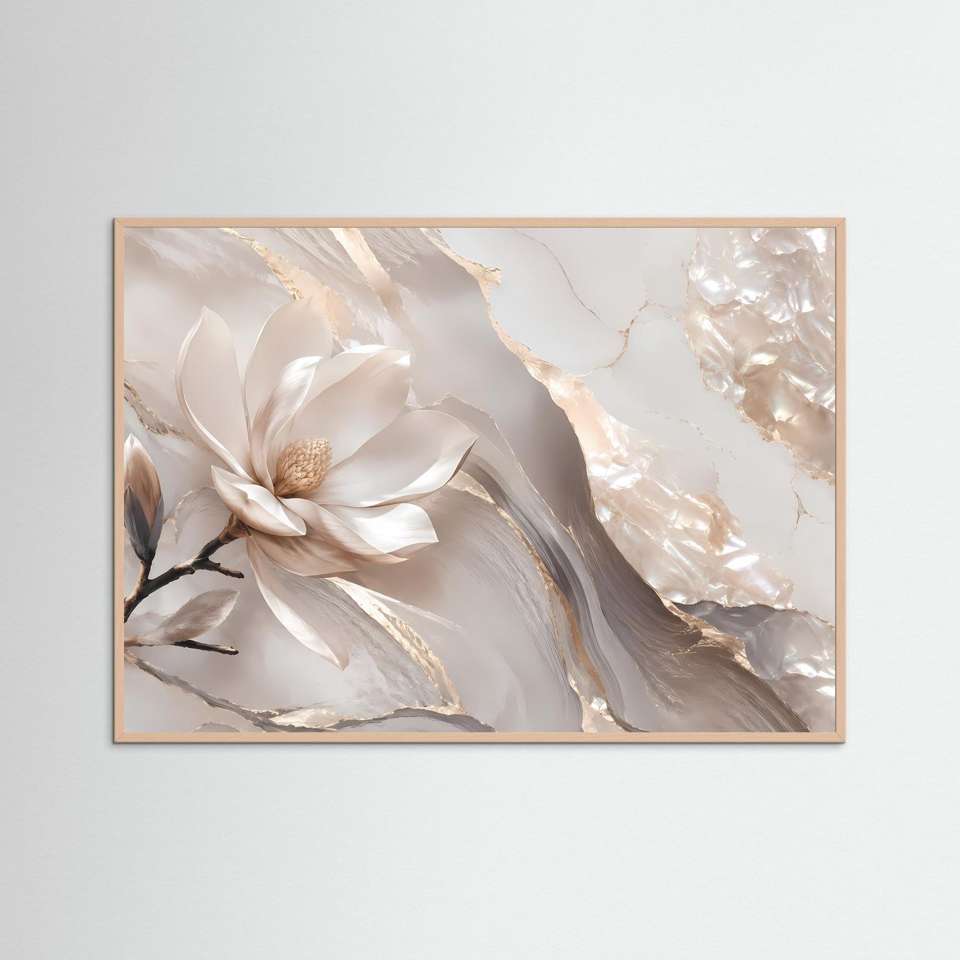 Florale Wandkunst mit weißer Magnolie, Perlmutt- und Goldakzenten, roséfarbener Holzrahmen.