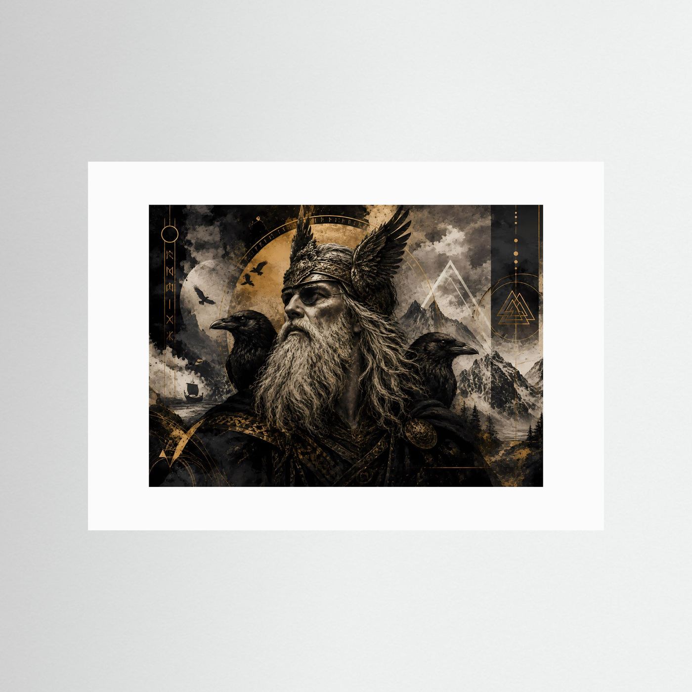 Poster mit weißem Passepartout: Odin und Raben in schwarz-goldener Wikingerkunst