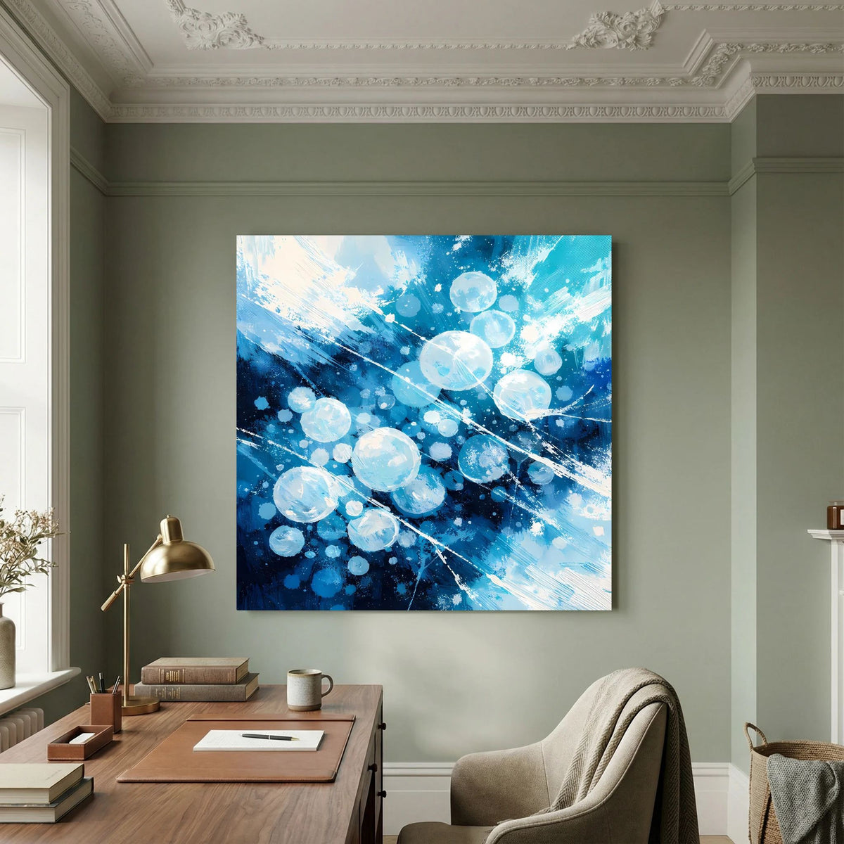 Quadratisches Leinwand-Wandbild: blaue Eisblasen und abstrakte Winter-Textur.