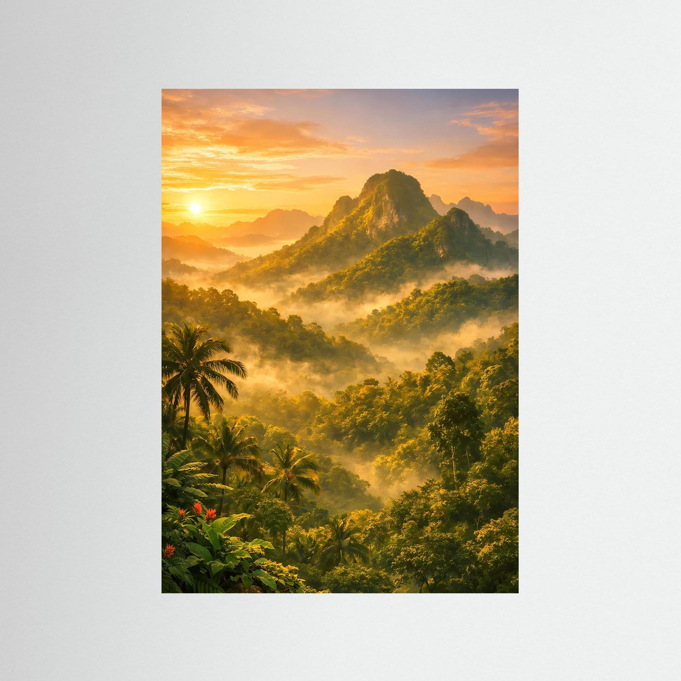 Vertikales Berg-Poster mit Dschungellandschaft und goldenem Sonnenaufgang, ohne Rahmen
