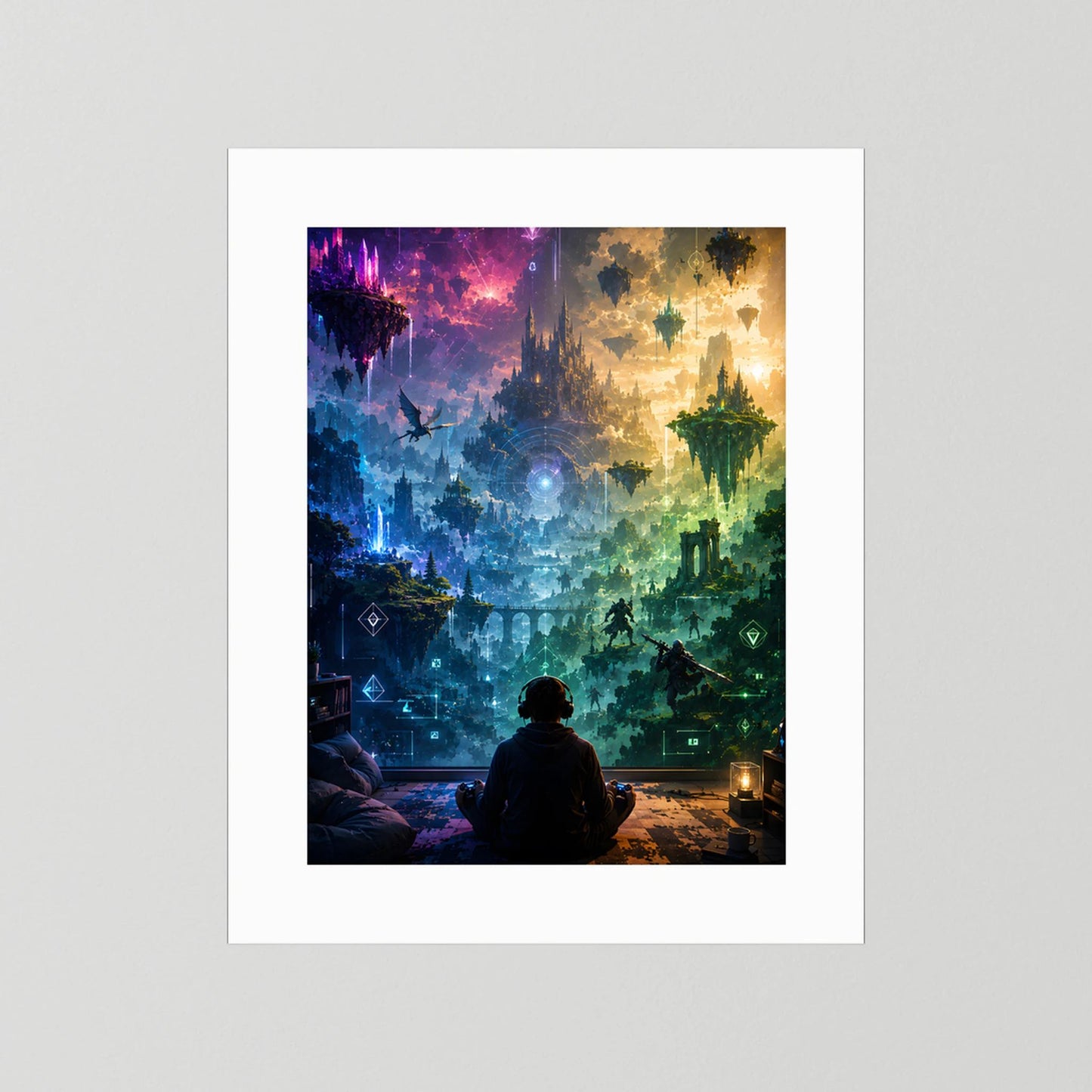 Kunstposter ohne Rahmen mit weißem Rand, Fantasy-Gaming-Szene mit schwebenden Inseln