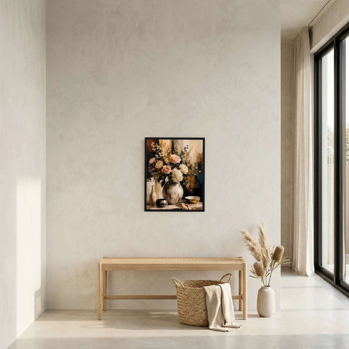 Blumenstillleben-Poster mit Rosen und Hortensien in Vase, abstrakt, mit schwarzem Rahmen