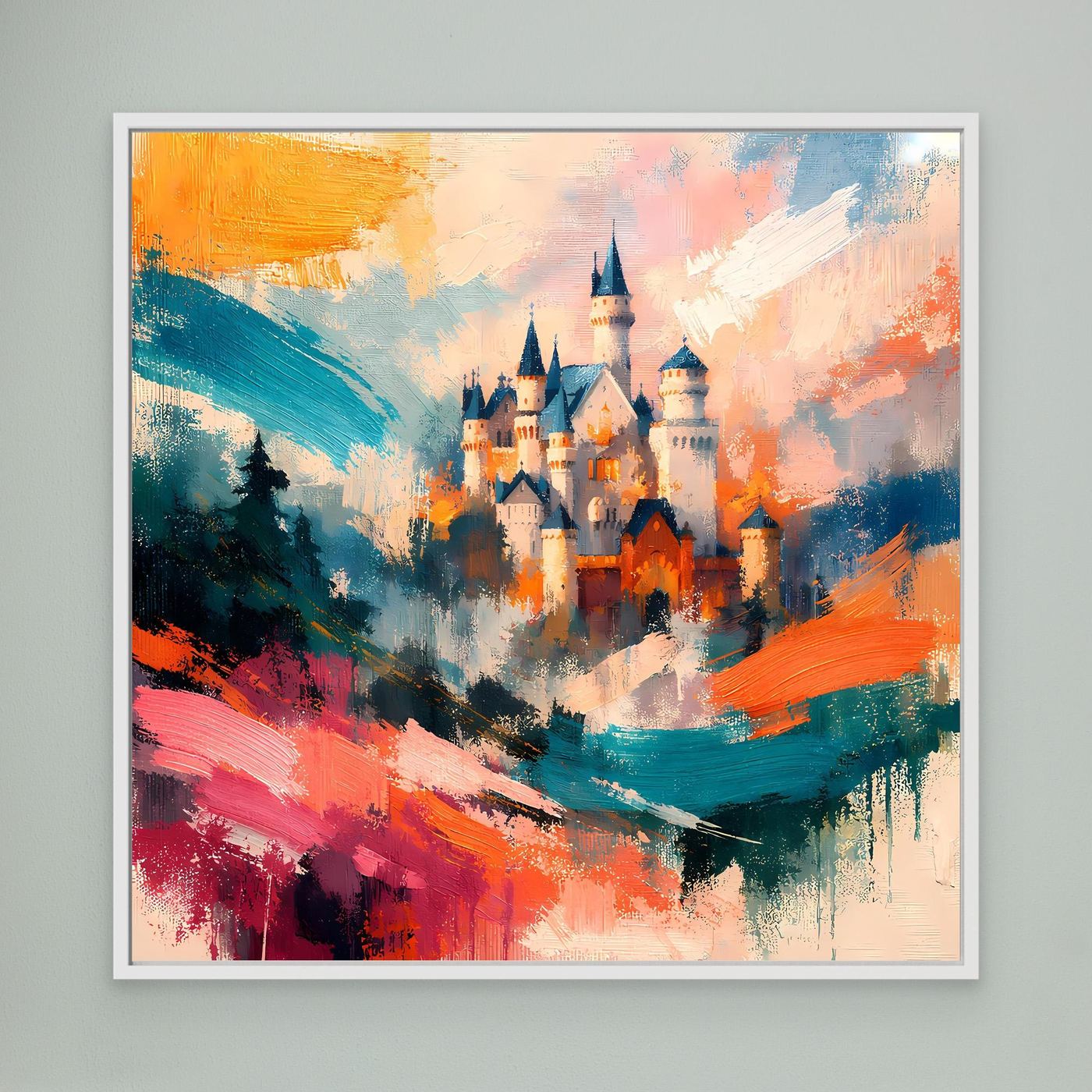 Premium Leinwand Märchenhaftes Schloss in abstrakten Farben | Modernes Castle Wandbild