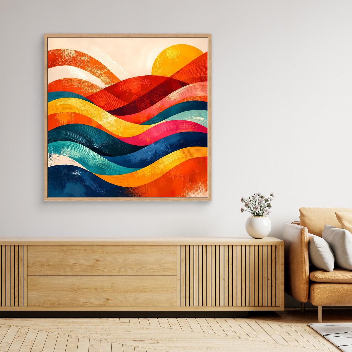 Abstraktes Leinwandbild mit bunten Wellen, mit hellem Holzrahmen