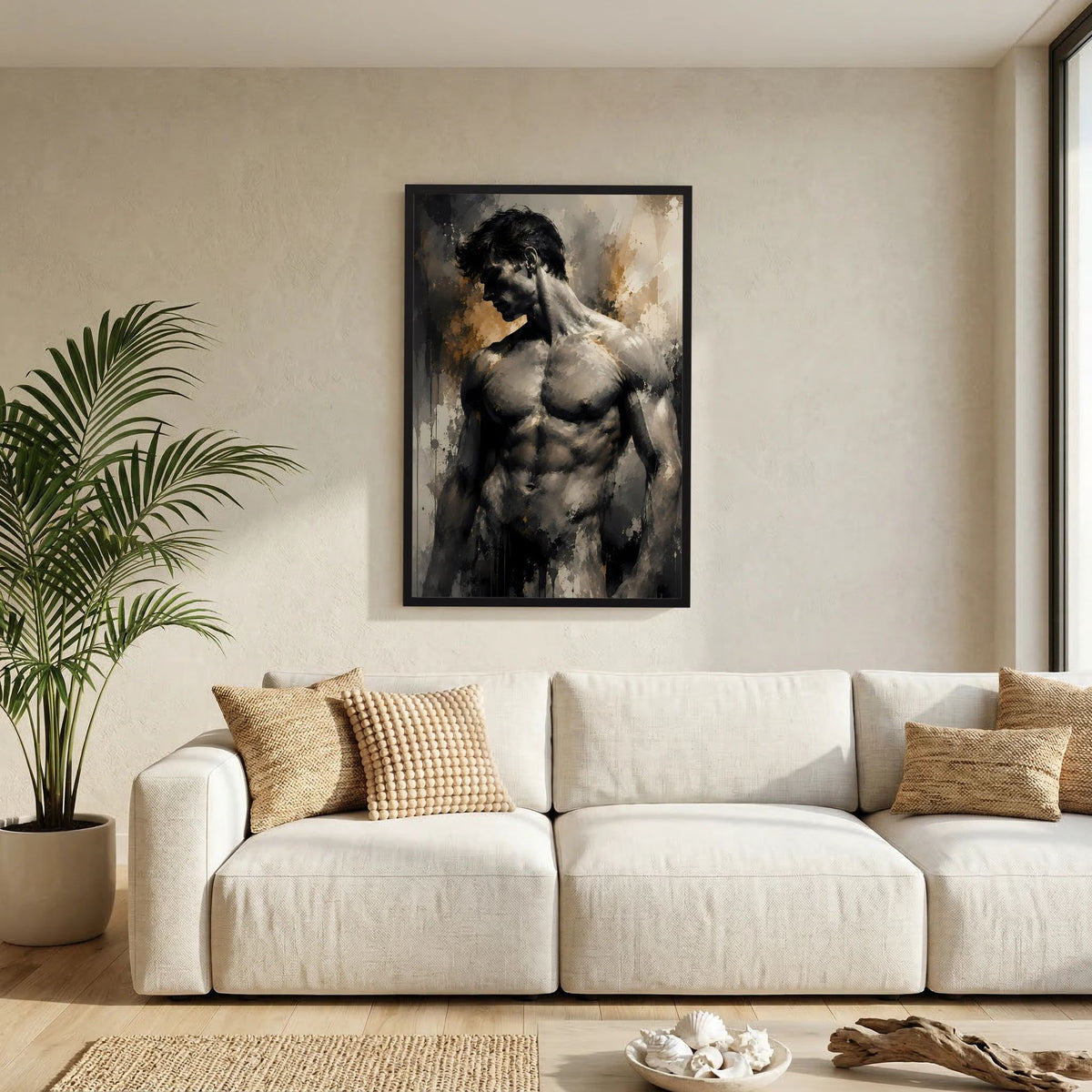 Kunstposter mit abstraktem Männerakt in Schwarz-Grau, schmaler schwarzer Umrandung