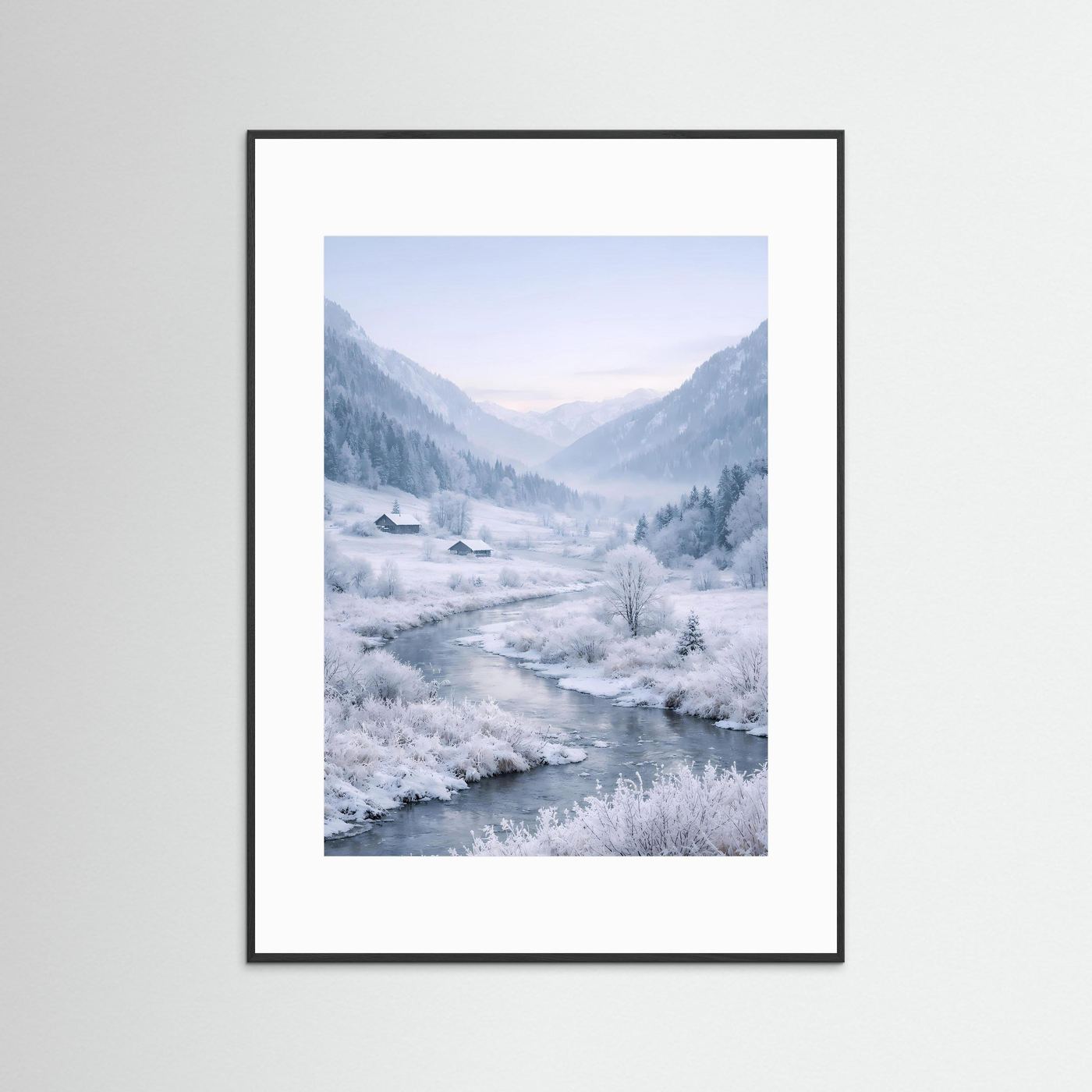 Wandposter Winterlandschaft mit Fluss, verschneiten Bäumen, Häusern mit schwarzem Rahmen
