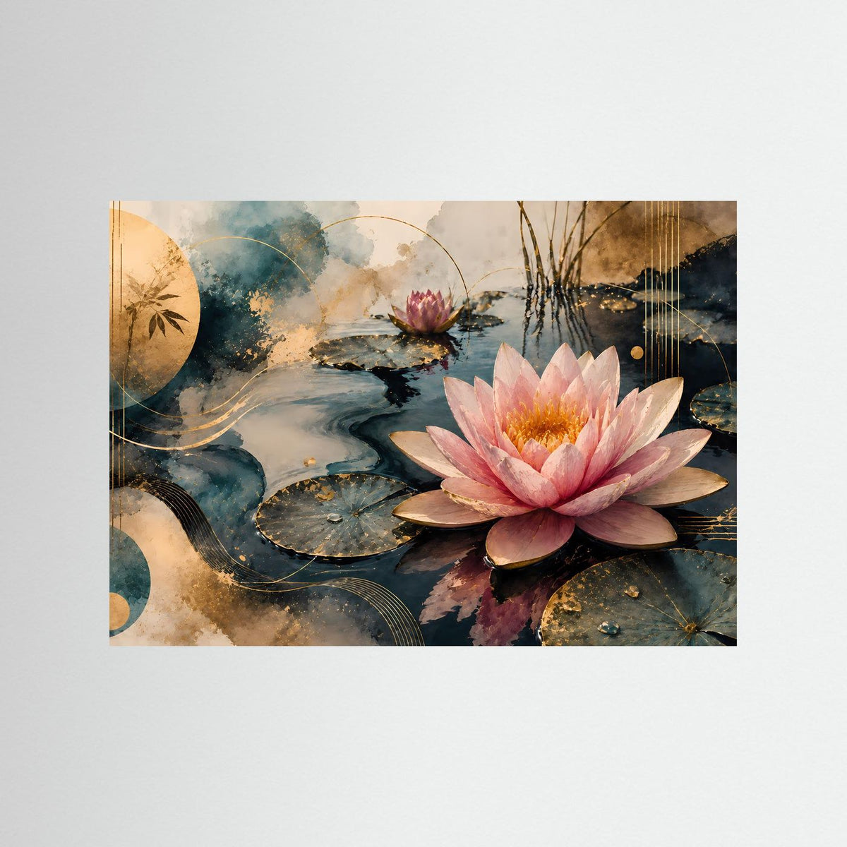 Kunstdruck im Querformat mit rosafarbener Seerose auf dunklem Wasser und Seerosenblättern
