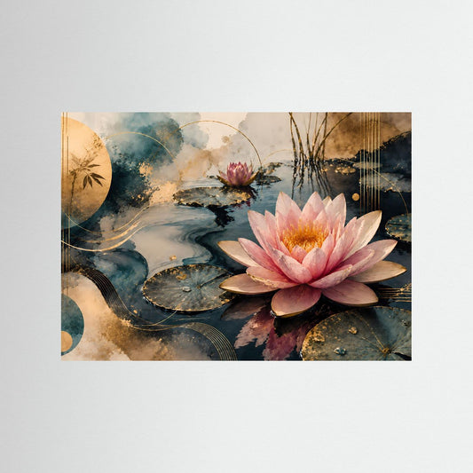 Kunstdruck im Querformat mit rosafarbener Seerose auf dunklem Wasser und Seerosenblättern