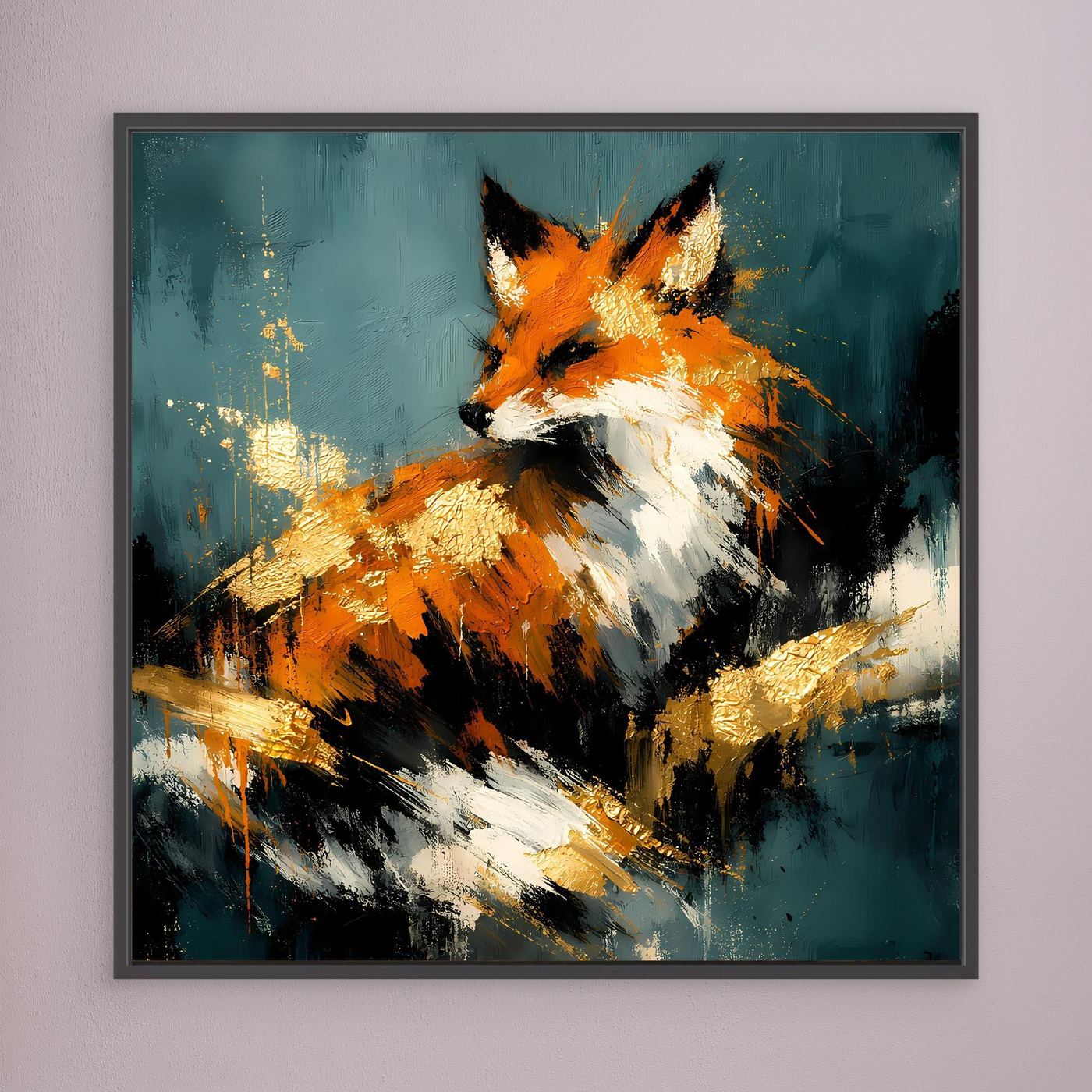 Leinwandbild mit abstraktem Fuchs in Orange, Weiß und Gold, türkis, schwarzer Rahmen