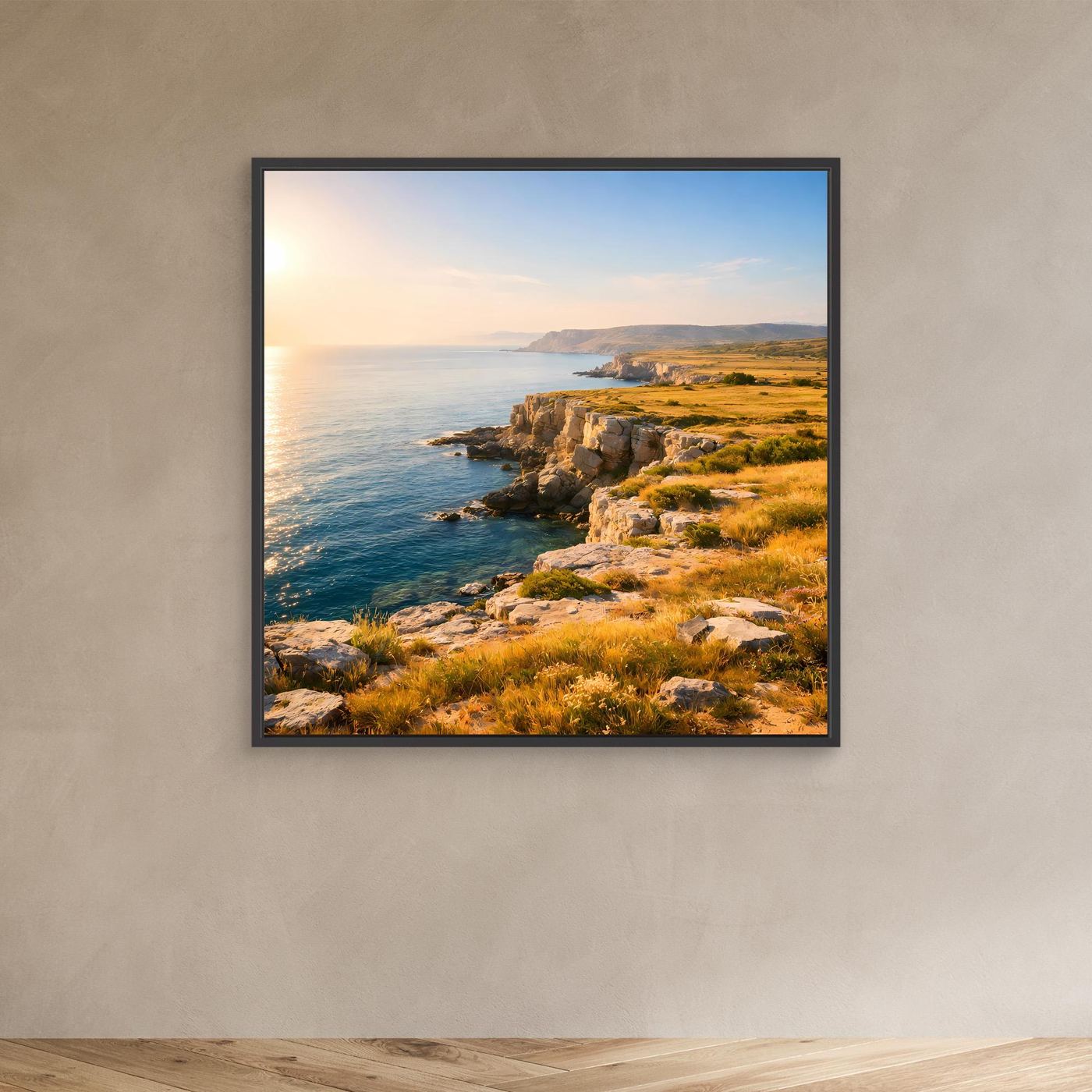 Leinwandbild Steilküste mit Meer und Felsen bei Sonnenuntergang, schwarzer Rahmen