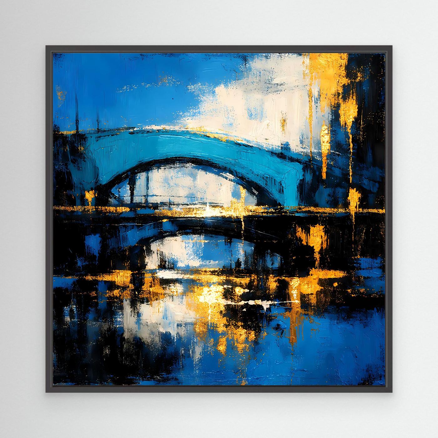 Abstraktes Wandbild im schwarzen Rahmen, blaue Bogenbrücke über spiegelndem Wasser