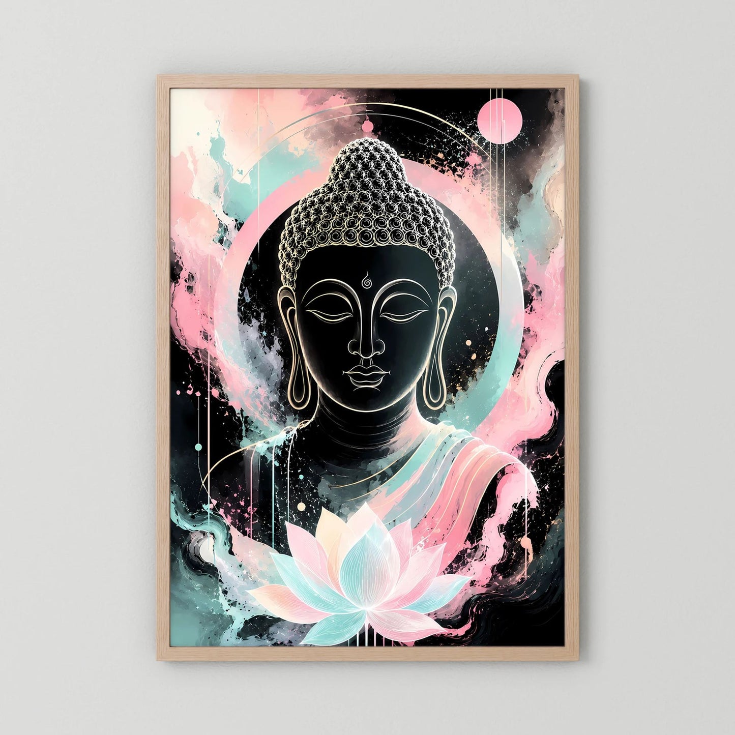 Buddha-Poster im Hochformat mit Lotusblüte und türkis-rosa Farbakzenten, Holzrahmen