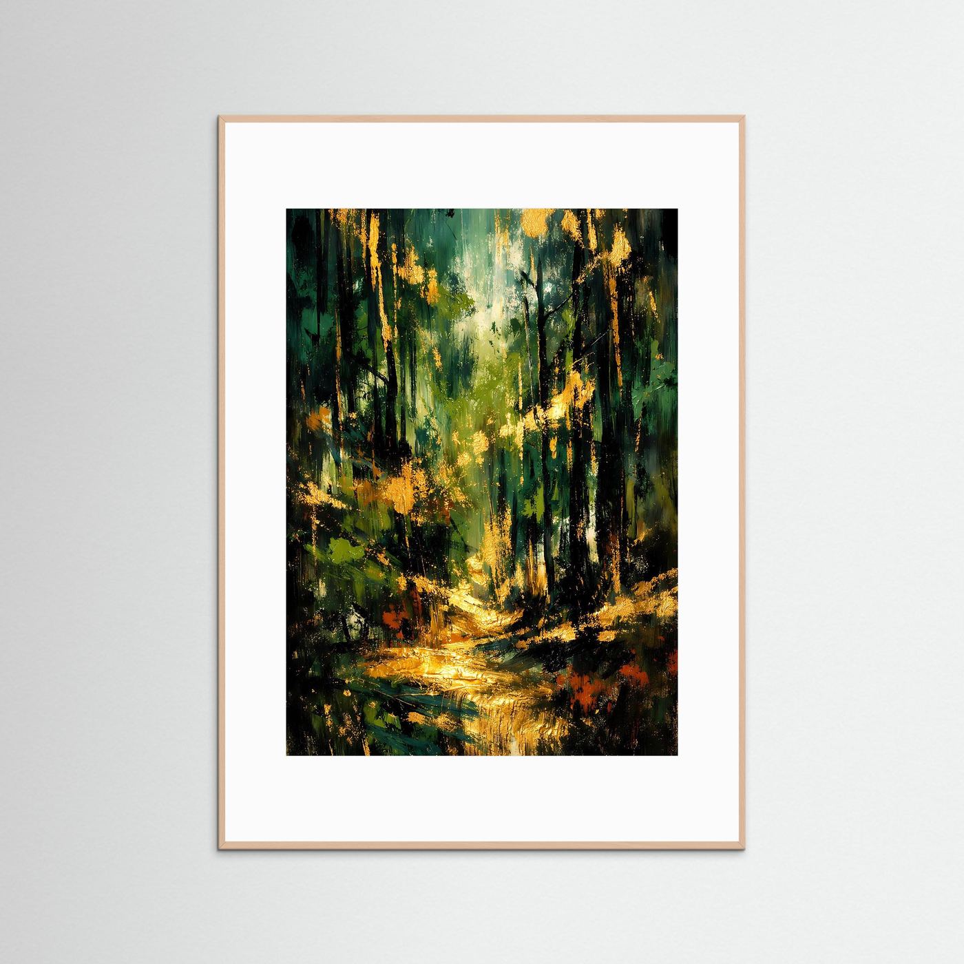 Naturposter mit abstraktem Waldmotiv, weiß gerahmt, mit weißem Passepartout