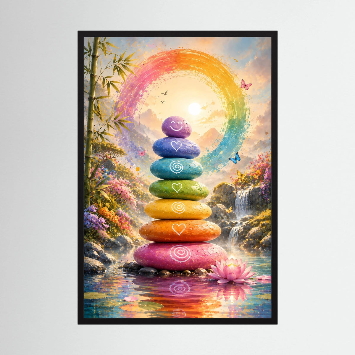 Schwarz gerahmtes Poster im Hochformat: Regenbogen-Steinturm und Lotus im Wasser