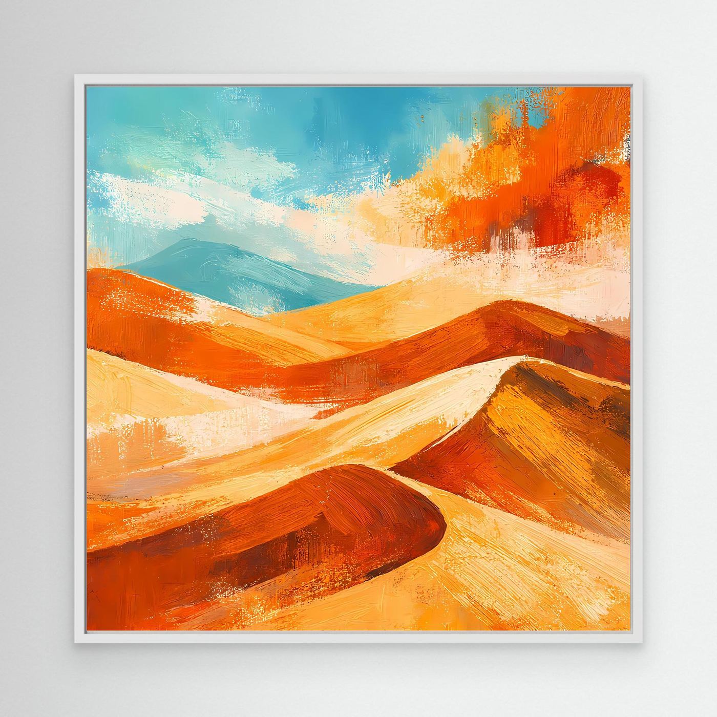 Abstract desert landscape canvas art with orange and gold dunes in a white frame