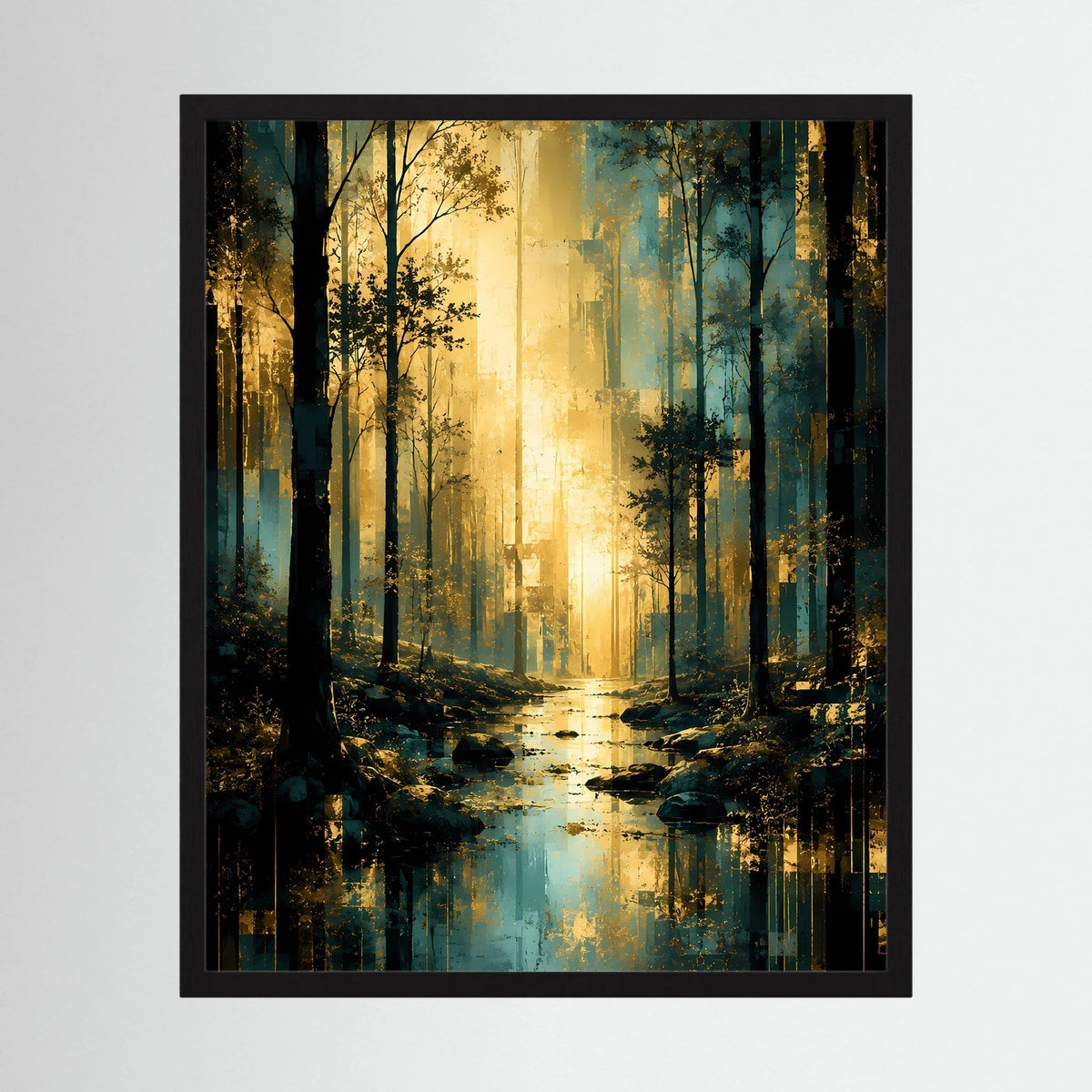Hochformatiges Poster Waldlandschaft in Türkis und Gold, schwarzer Holzrahmen