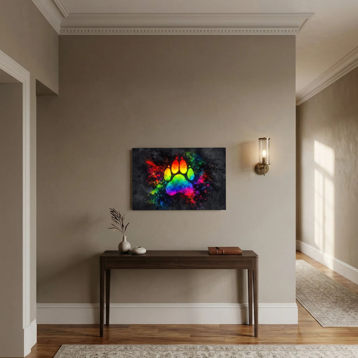 Kleines Poster mit leuchtendem Pfotenabdruck in Regenbogenfarben, querformat