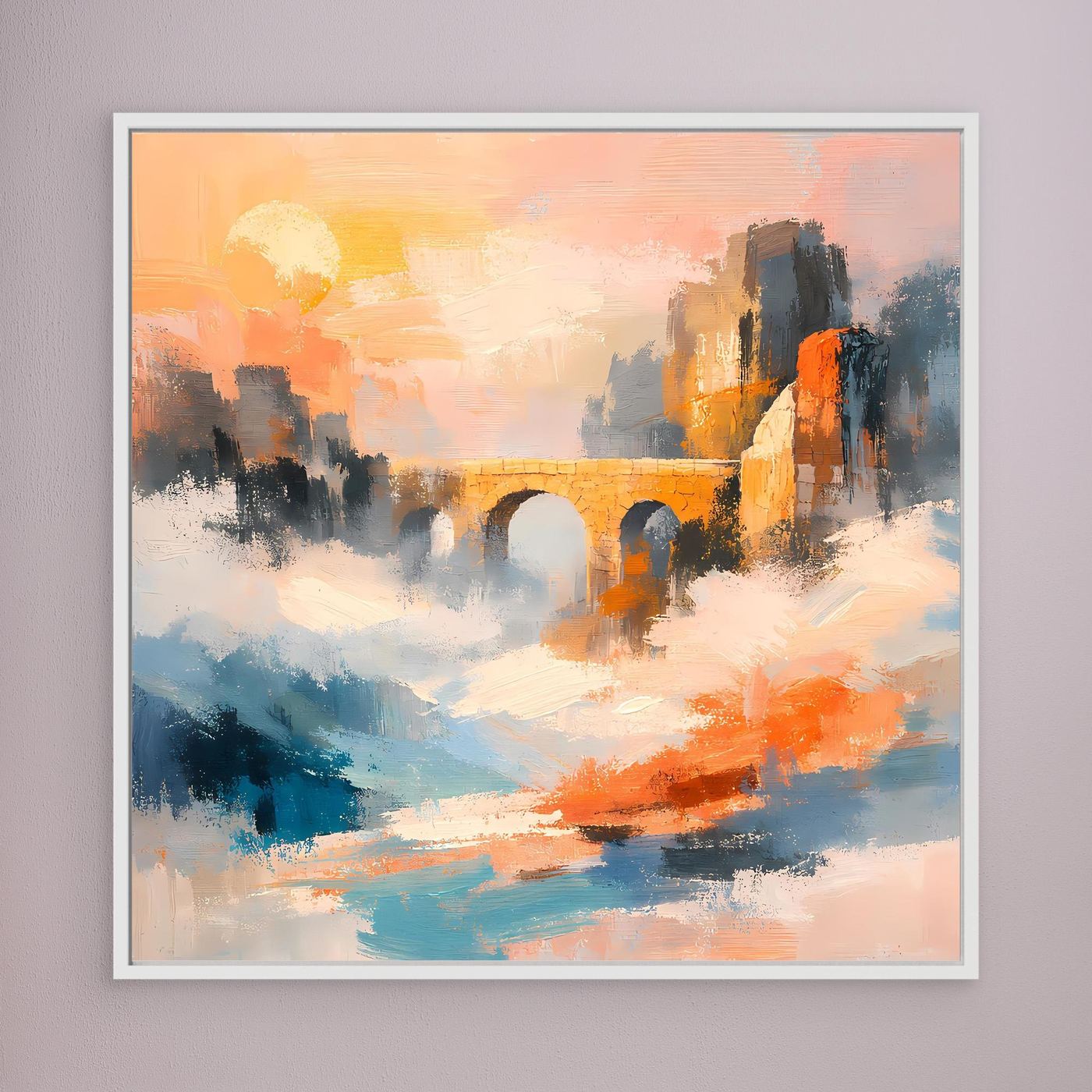 Premium Leinwand Historische Steinbrücke im Nebel | Abstraktes Aquädukt Wandbild im Sonnenaufgang