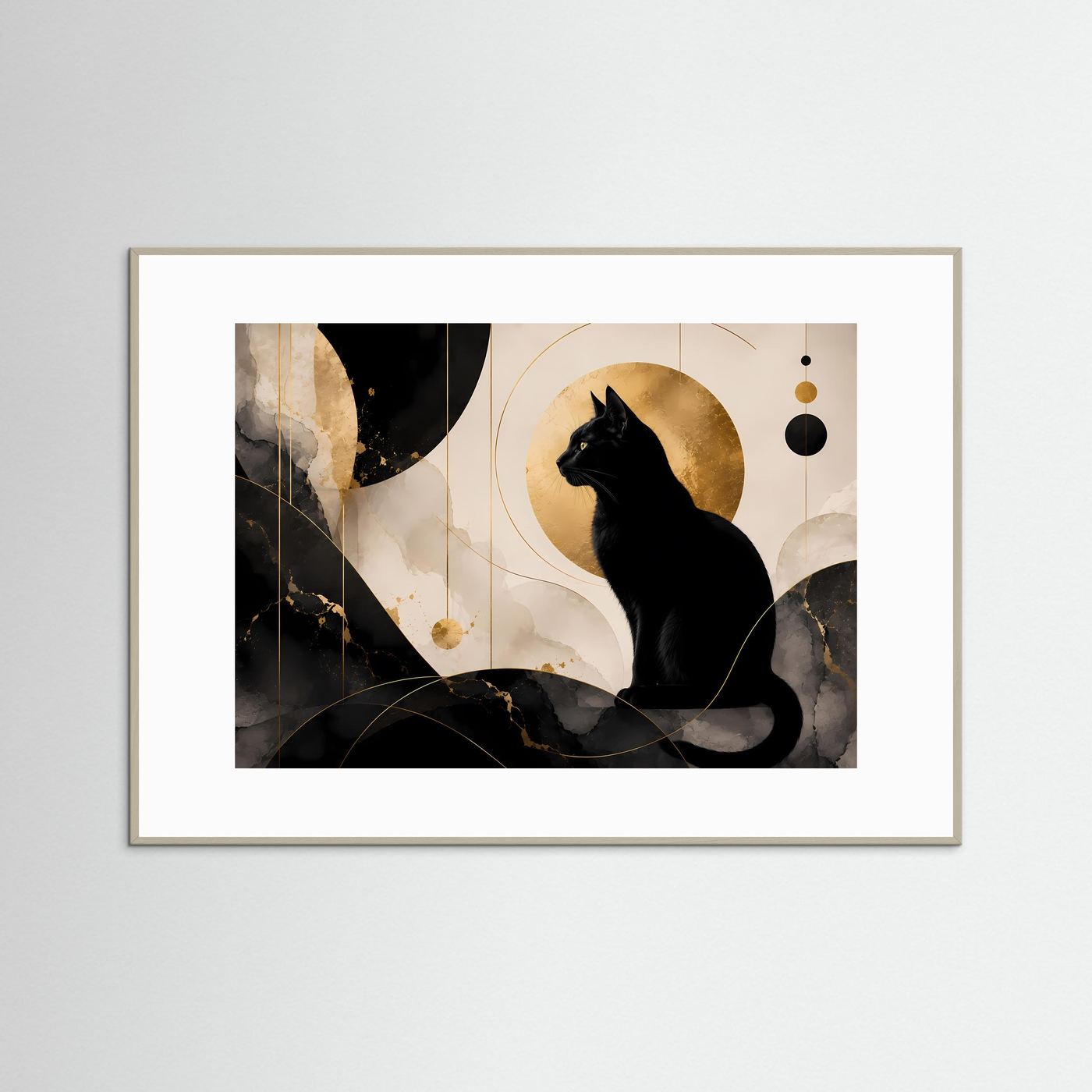 Schwarze Katze in Gold & Marmor | Elegante abstrakte Katzen Wandkunst