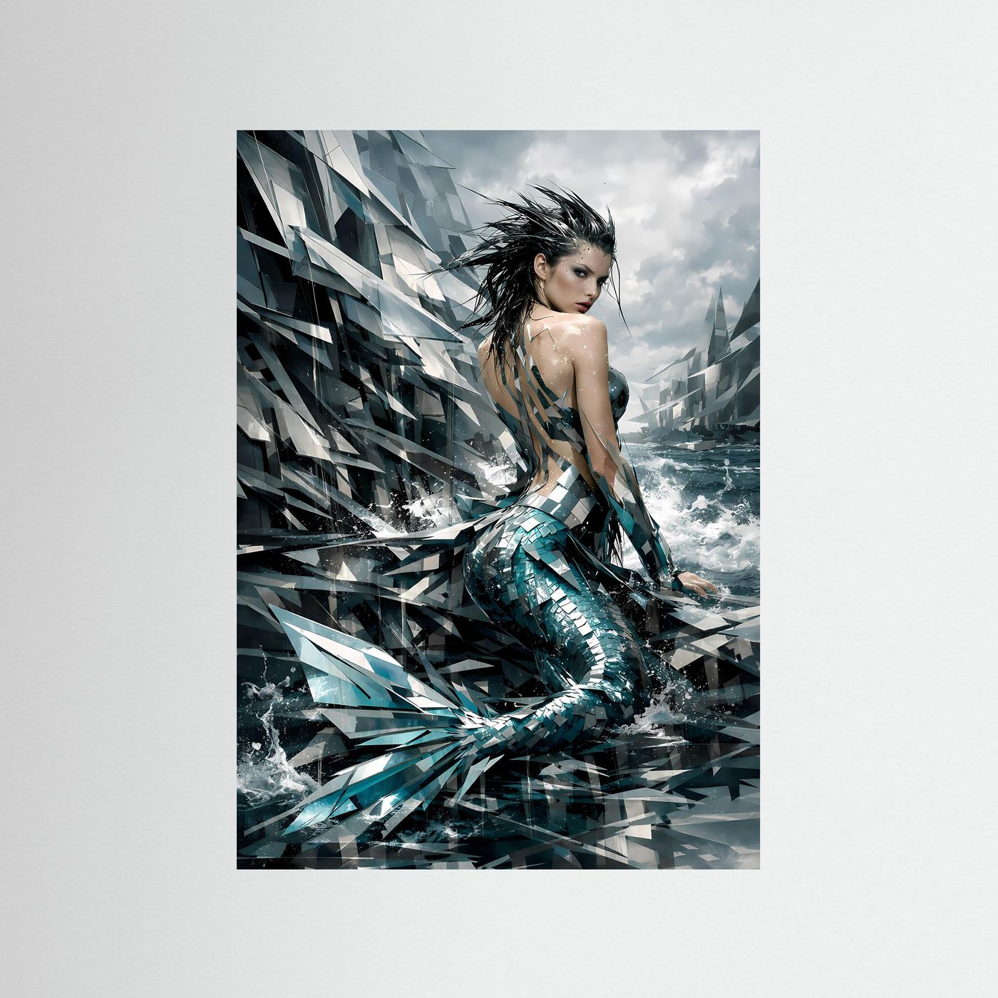 Meerjungfrau-Poster mit türkisfarbenem Schuppenmuster und abstrakten Felsformen, Hochformat.