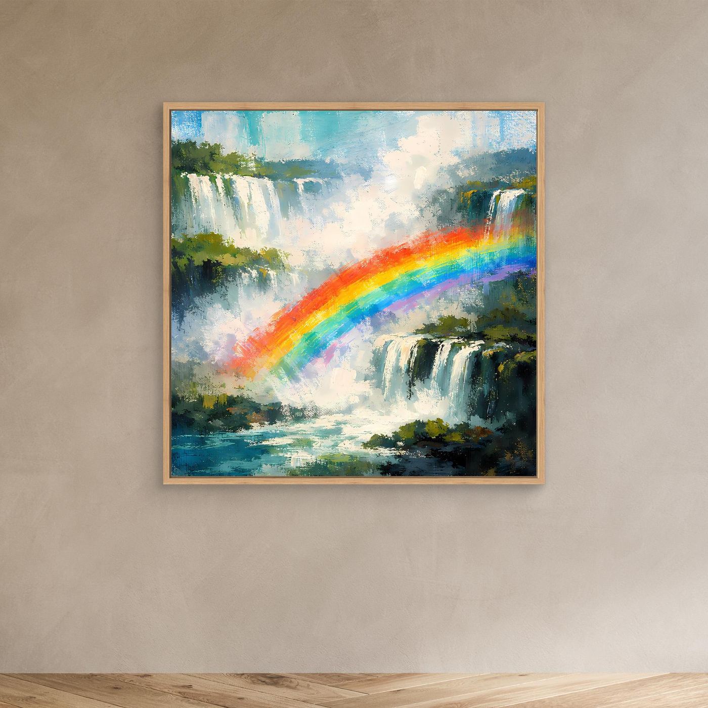 Leinwand-Wandbild Wasserfall mit Regenbogen im Holzrahmen, abstraktes Naturmotiv