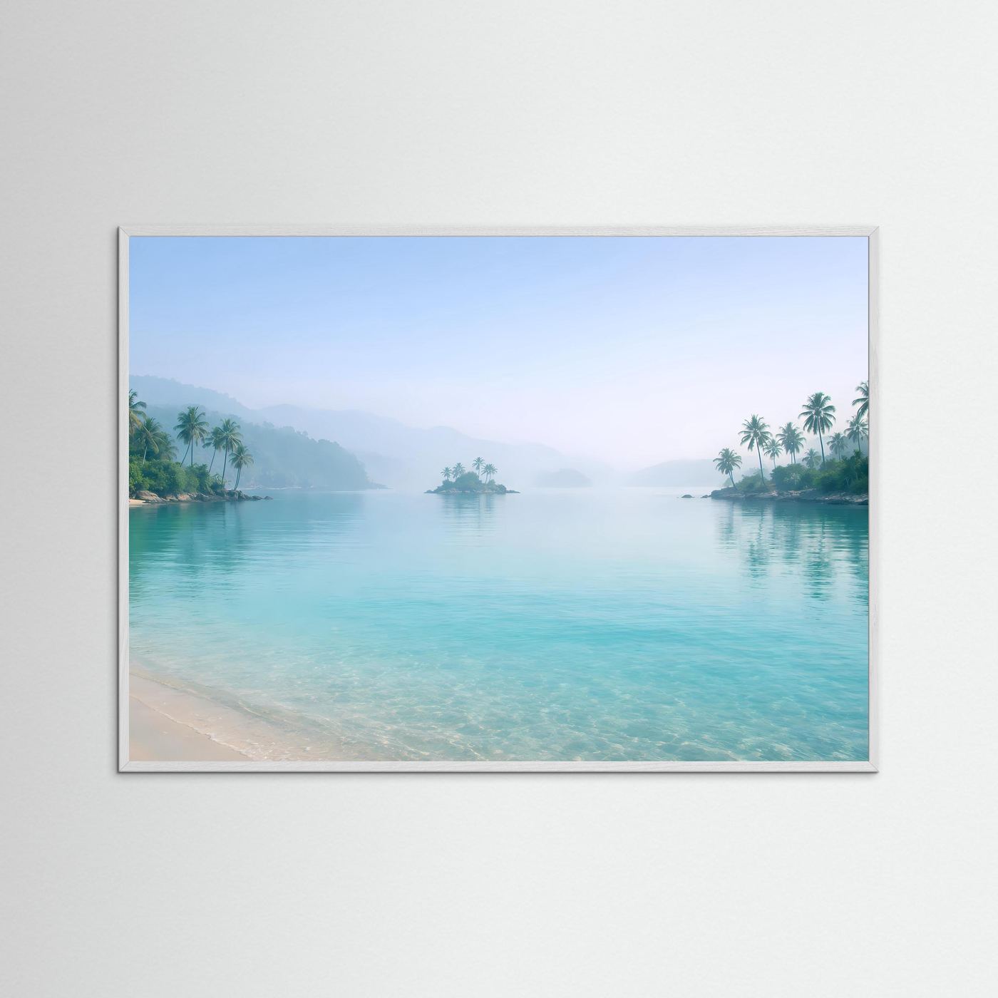 Tropisches Inselparadies im Nebel | Strand & Palmen Wandbild Querformat