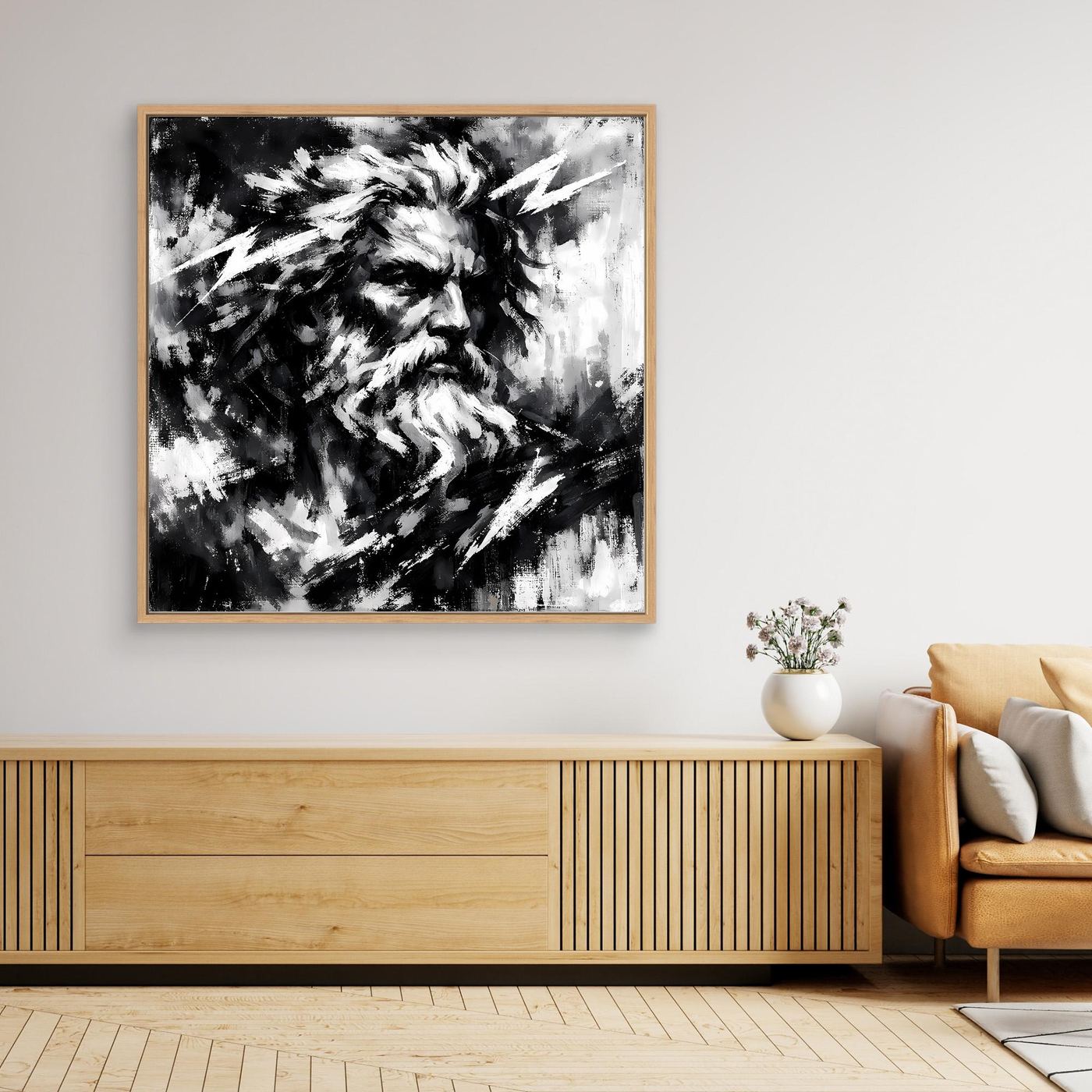 Black-and-white abstract Zeus portrait wall art, square print in oak frame.