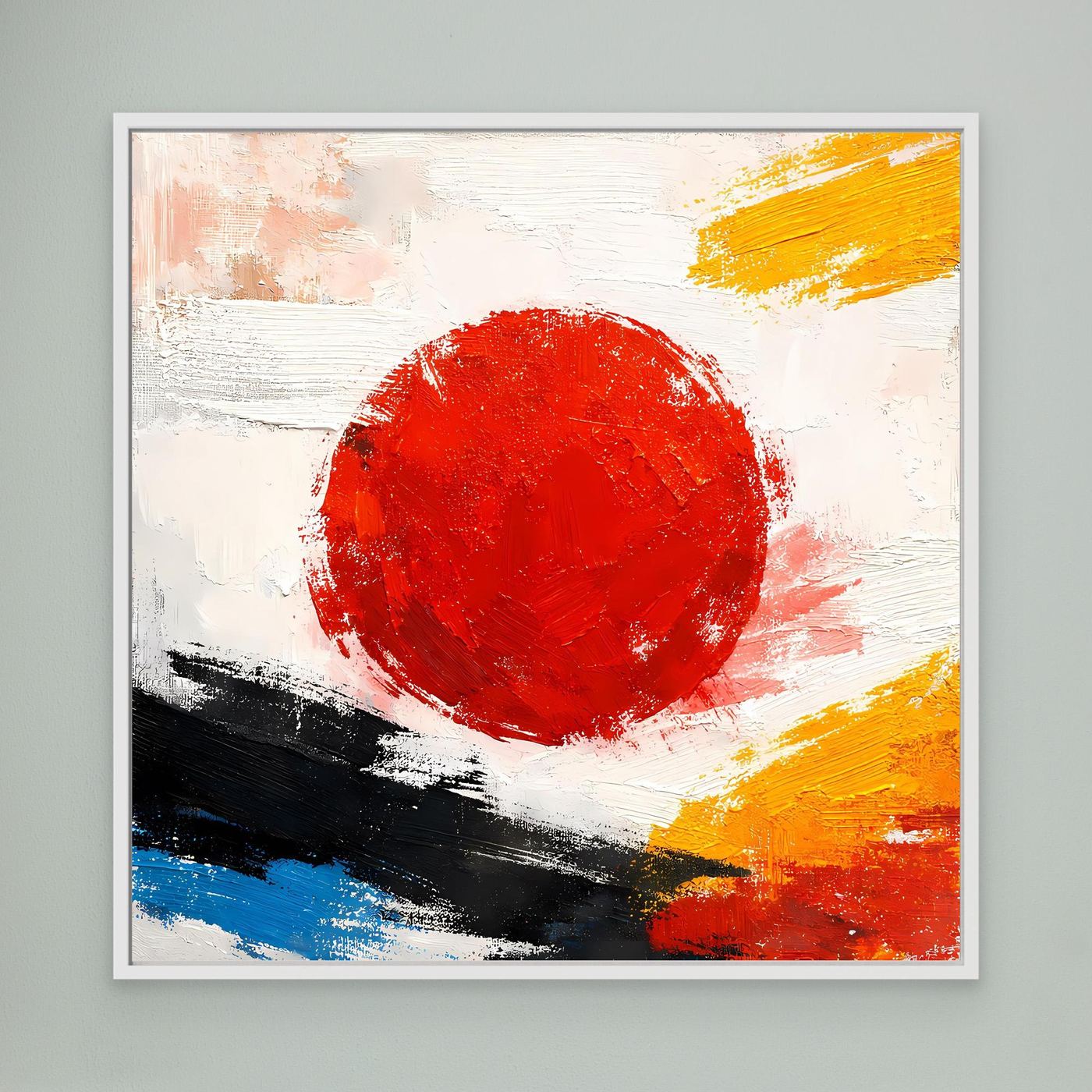 Abstraktes Leinwandbild mit roter Sonne, gelben und schwarzen Pinselstrichen