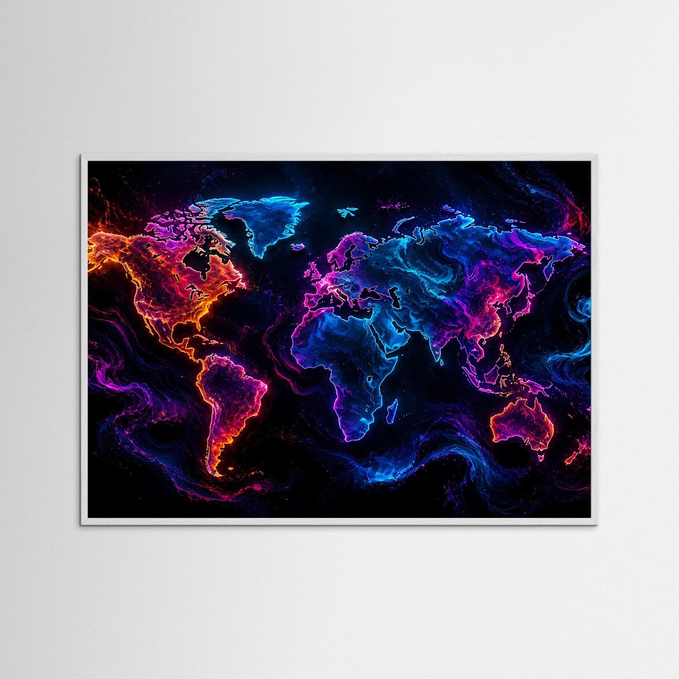 Weltkarte Poster | Neon Weltkarte Wandbild | Moderne World Map Kunst | Abstrakte Landkarte | Futuristische Wanddekoration