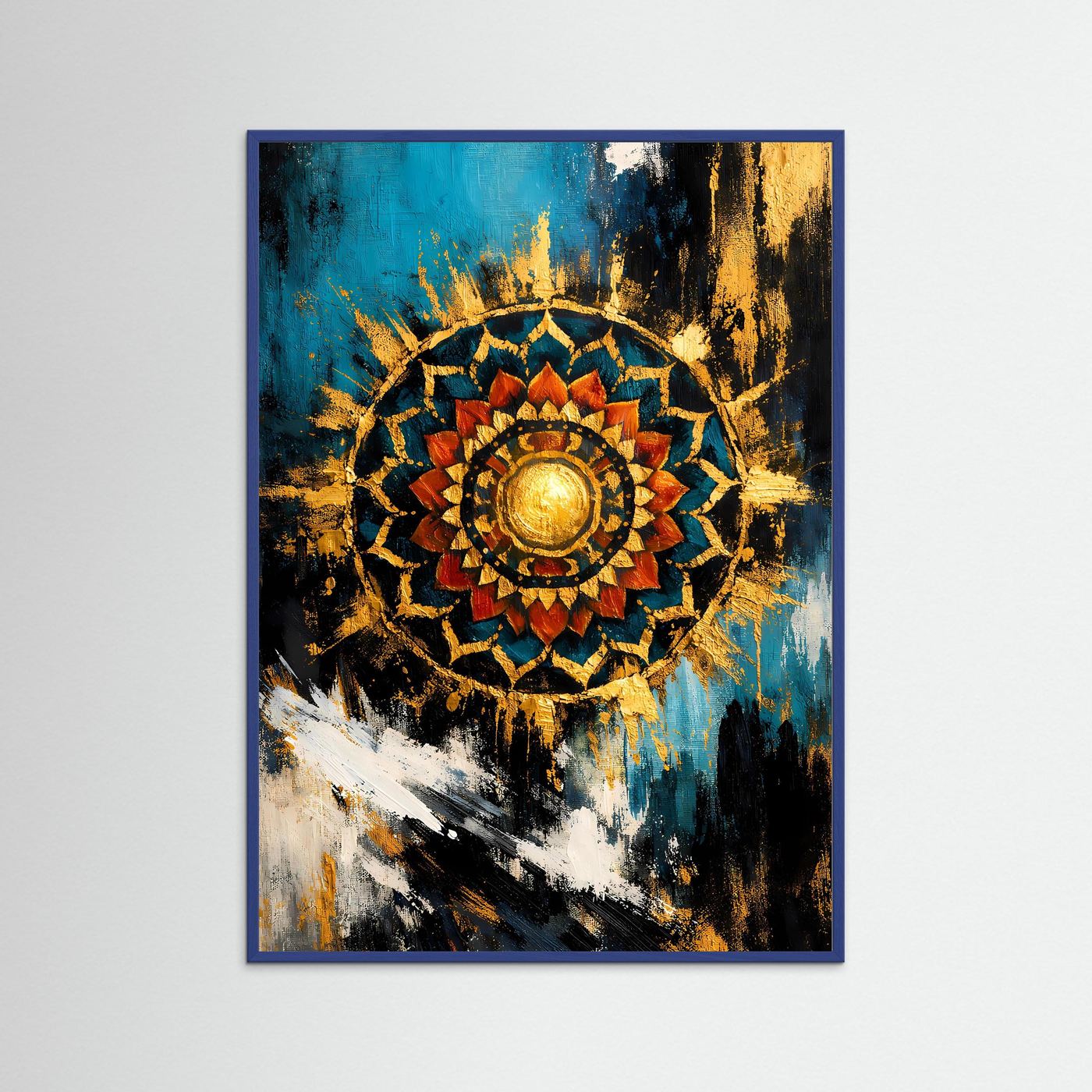 Abstraktes Mandala-Wandbild mit goldener Sonne, türkis-blau und dunkel, im blauen Holzrahmen