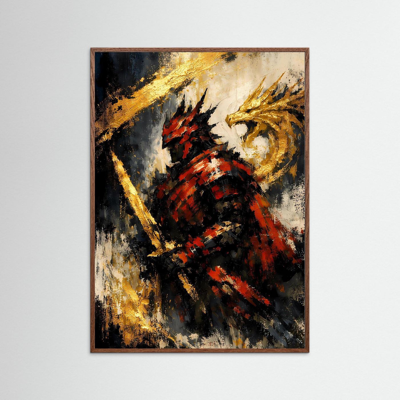 Samurai- und Drachenposter im Hochformat mit dunklem Holzrahmen, abstrakt in Gold, Rot und Dunkelgrau