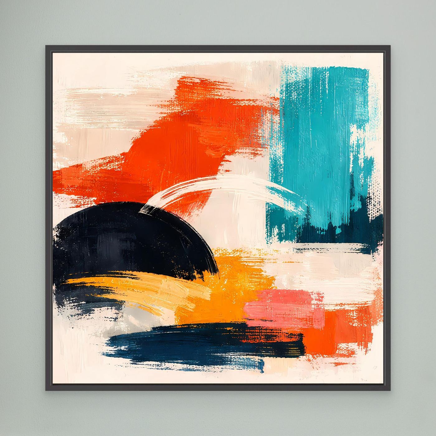 Abstraktes Leinwandbild mit orangefarbenen und türkisfarbenen Farbflächen, schwarz gerahmt