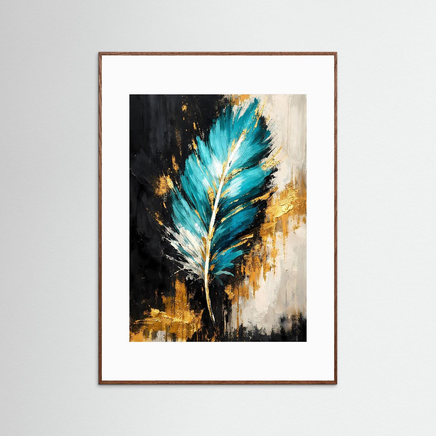 Hochformatiges Kunstposter: türkisfarbene Feder, Goldspritzer, schwarzer Hintergrund, braun gerahmt