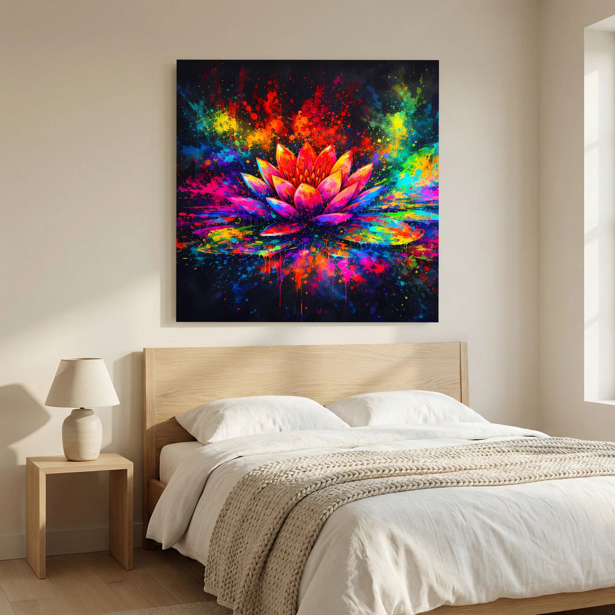 Rechteckiges Leinwandbild: abstrakte Seerose in Pink, Orange und Blau mit Farbspritzern