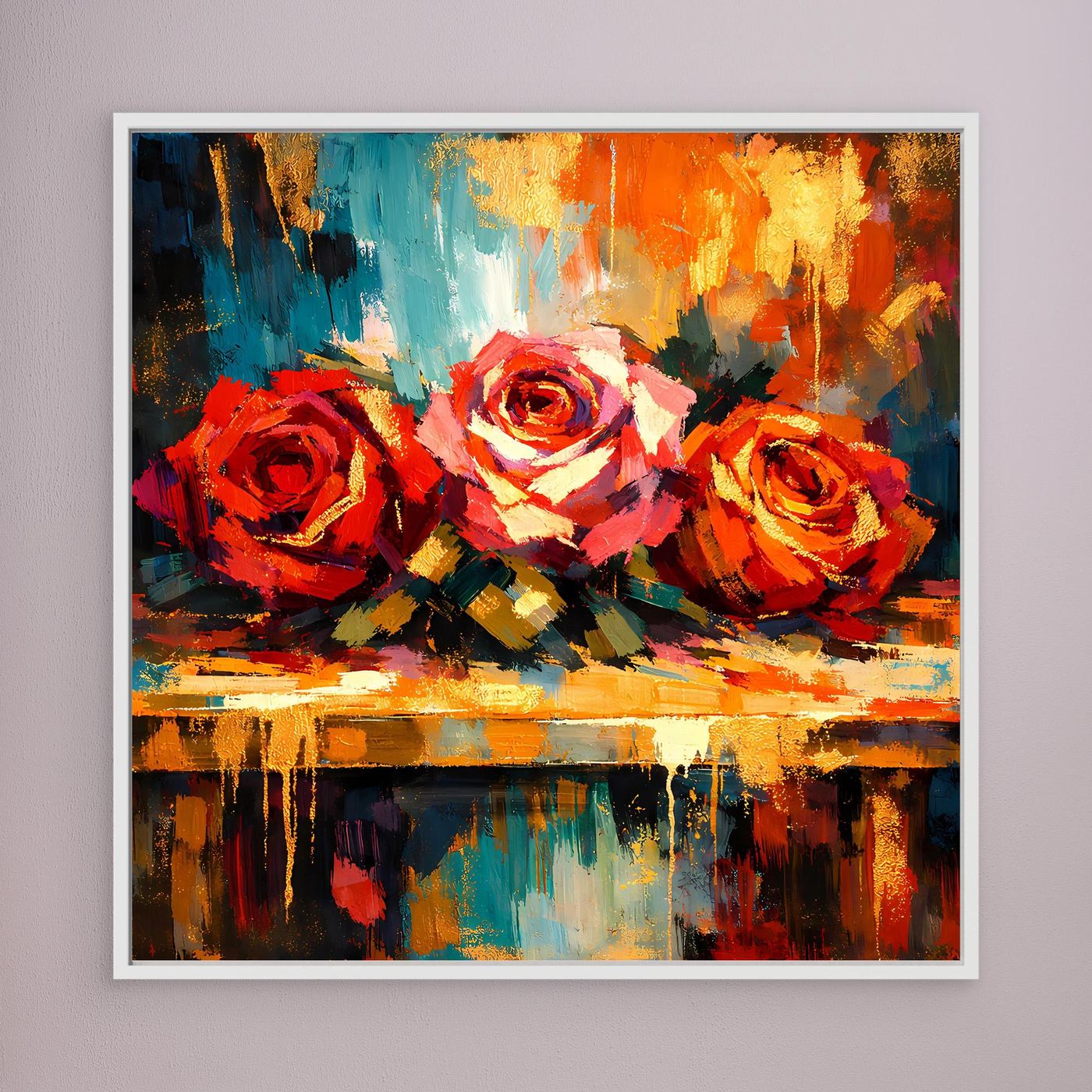 Leinwandbild mit abstrakten Rosen in warmen Farben und Farbtropfen, weiß gerahmt.