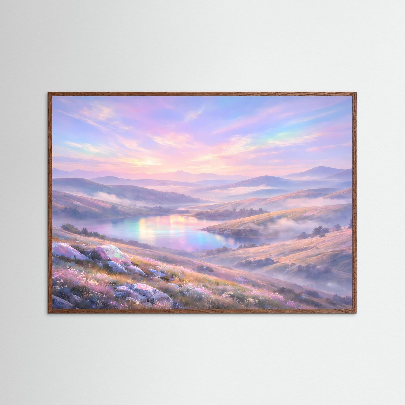 Panorama-Poster mit Hügellandschaft bei Sonnenaufgang und Regenbogen-Licht im dunklen Holzbalken