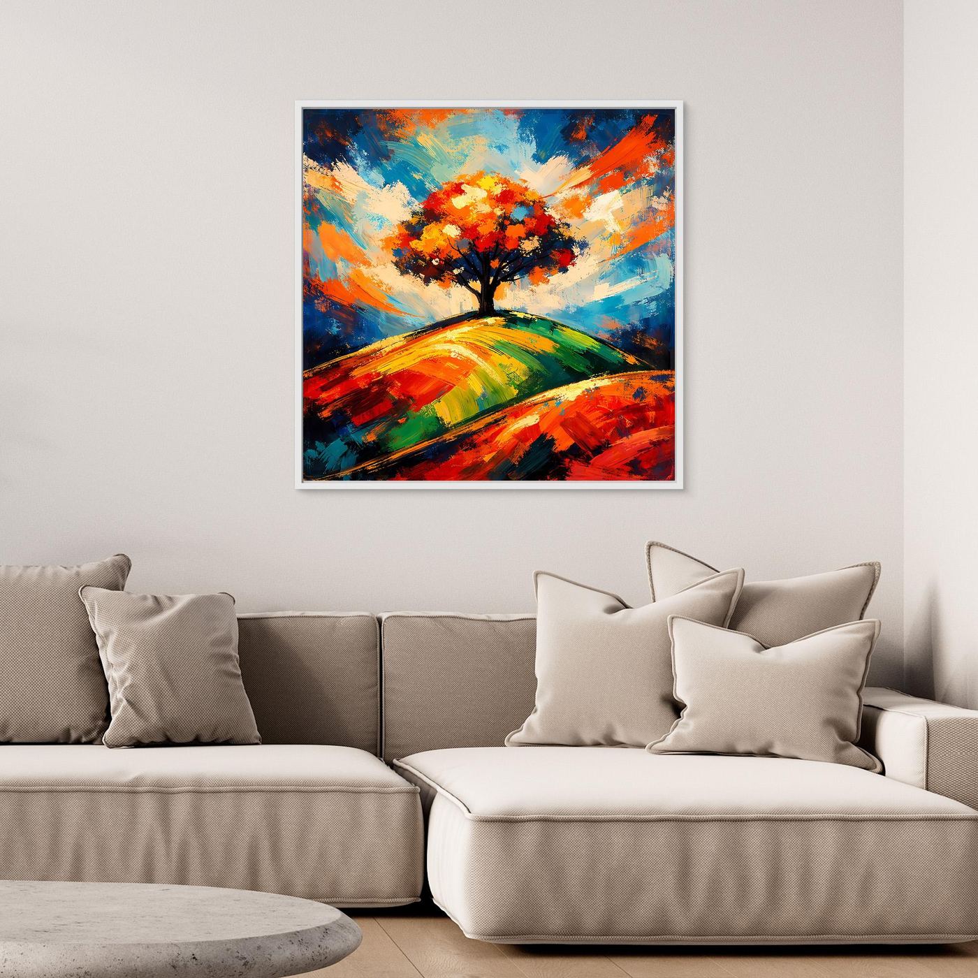 Leinwandbild an der Wand: farbenfroher Lebensbaum in Blau, Rot und Grün