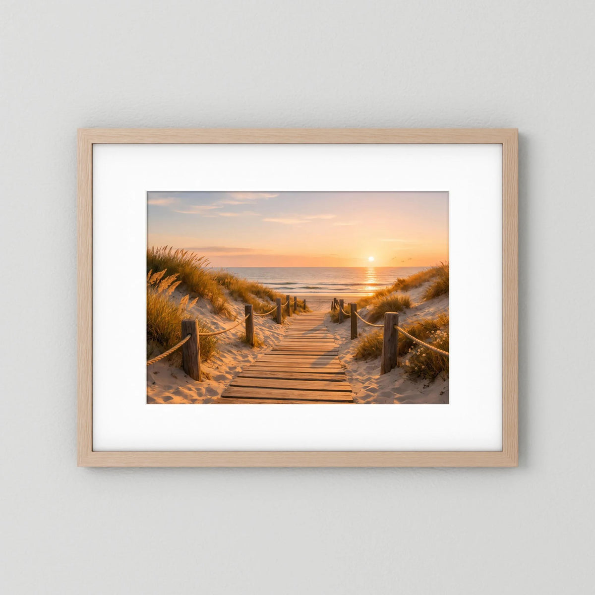 Querformat-Wandbild: Strandweg durch Dünen im Sonnenuntergang, heller Holzrahmen