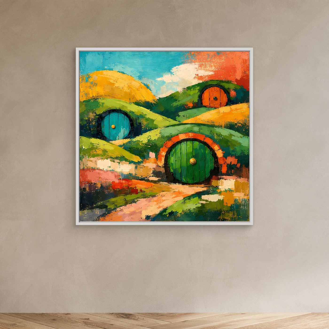 Abstraktes Wandbild auf Leinwand mit Hügeln und drei runden Türen, heller Rahmen