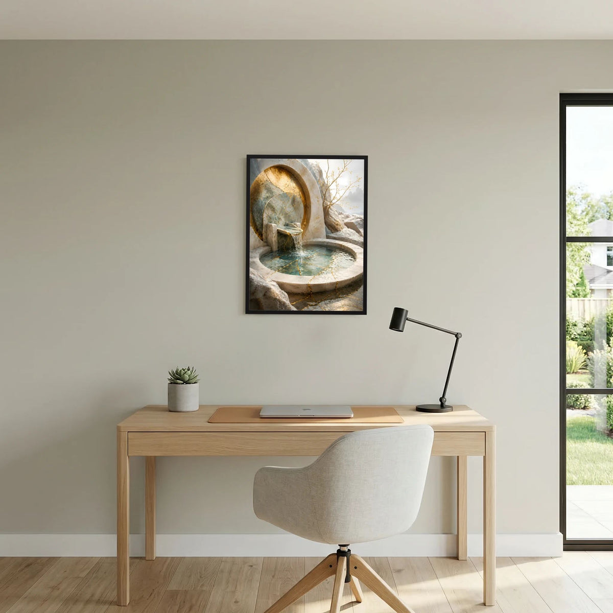 Wandposter im Hochformat mit goldener Quelle in Felsbogen und türkisfarbenem Wasserbecken