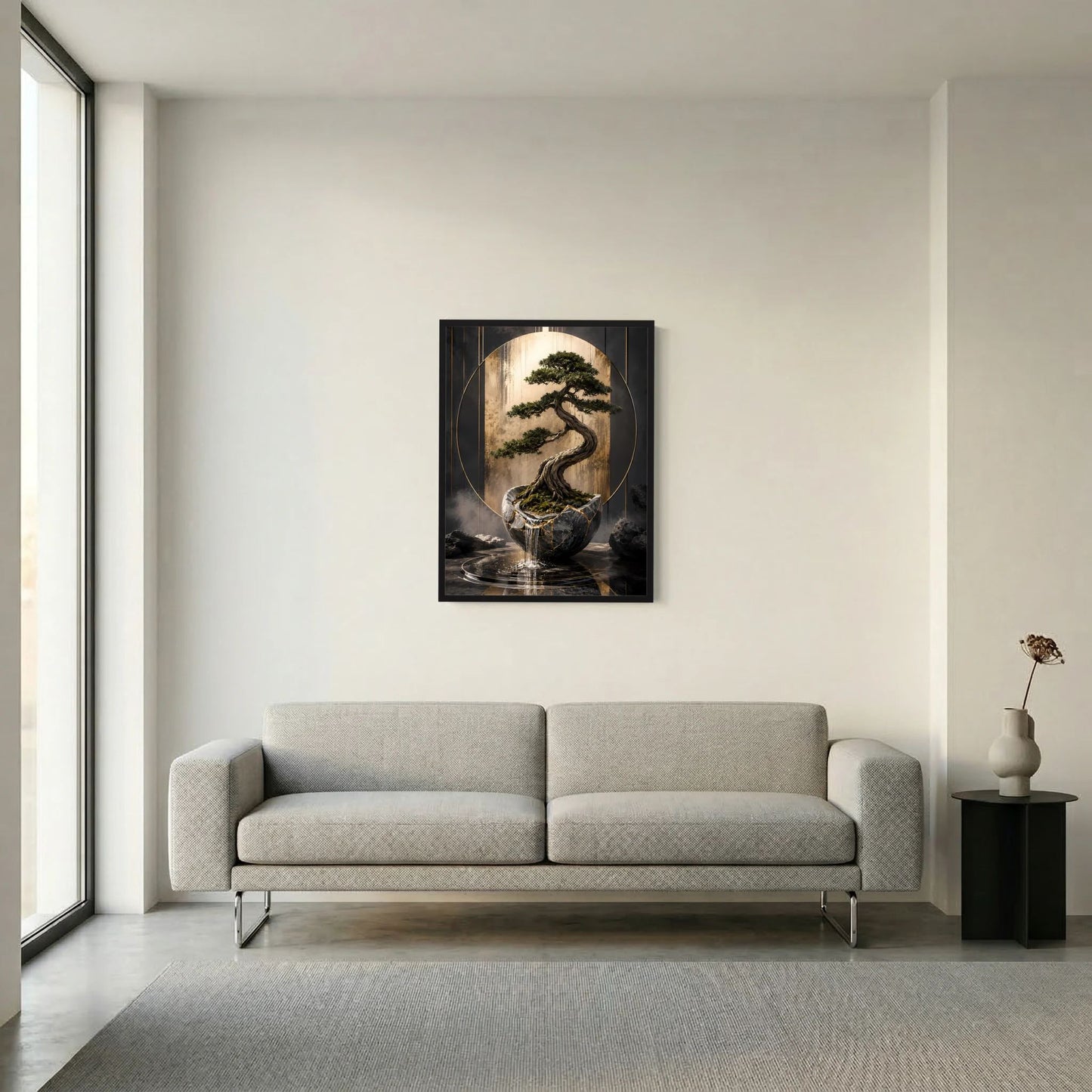 Hochformat-Poster mit Bonsai im schwarzen Gefäß, goldgrüne Krone, kreisförmiger Rahmen