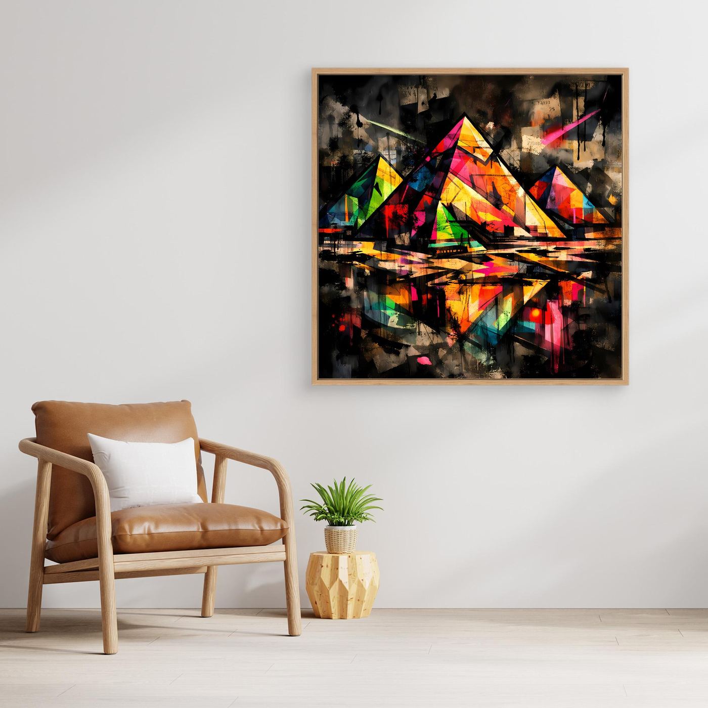 Leinwandbild mit abstrakten Pyramiden im Street-Art-Stil, bunt, goldbrauner Rahmen