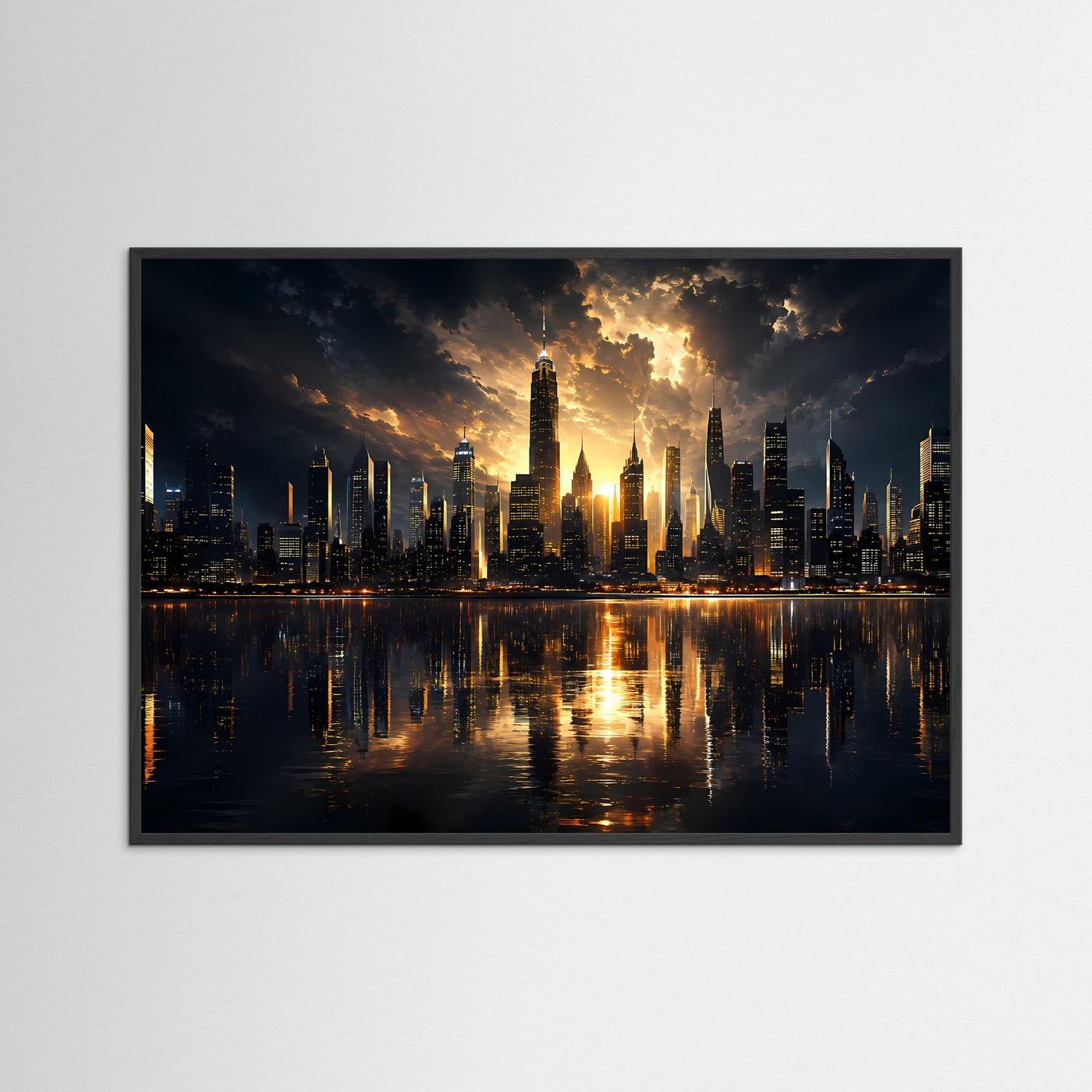 Skyline Poster Gold Schwarz | Moderne Wolkenkratzer bei Sonnenuntergang | City Skyline Wandbild | Luxus Architektur | Leinwand | Premium Wall Art