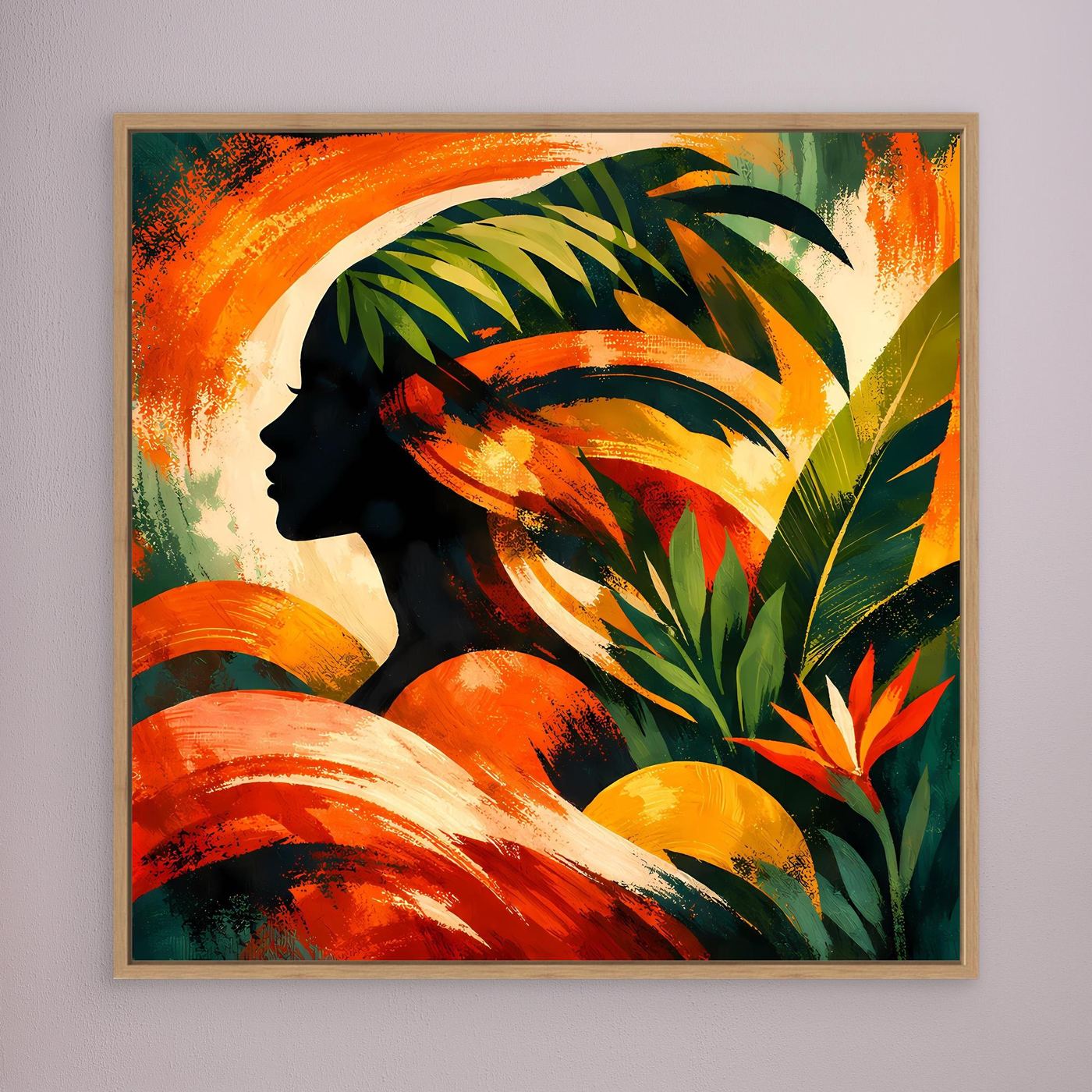 Leinwandbild mit tropischer Frauensilhouette, Palmen und orangefarbenen Pinselstrichen, goldener Rahmen