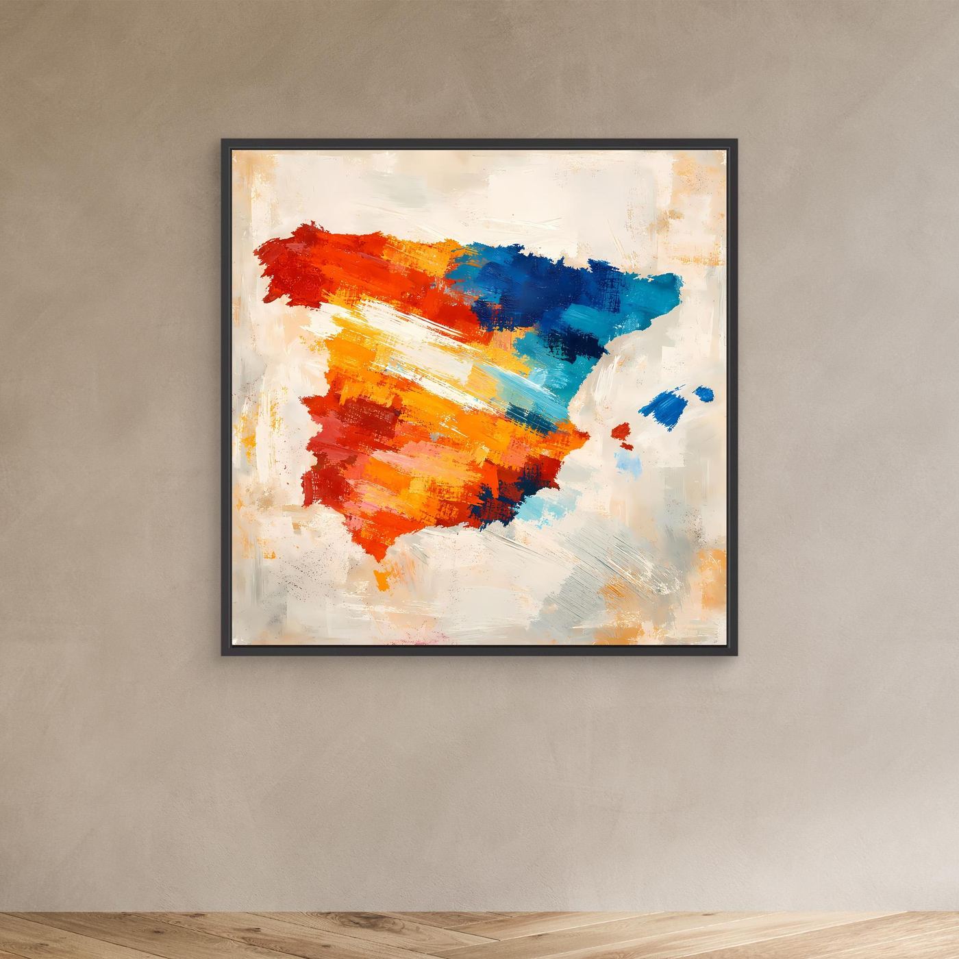 Abstract Spain map canvas wall art with colorful brushstroke silhouette, black frame