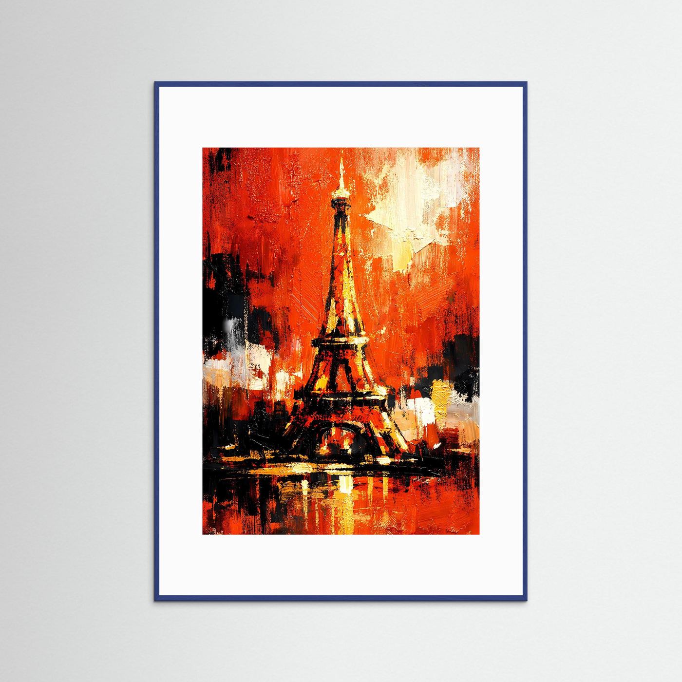Kunstposter Eiffelturm abstrakt: terrakotta und Gold, blau gerahmt