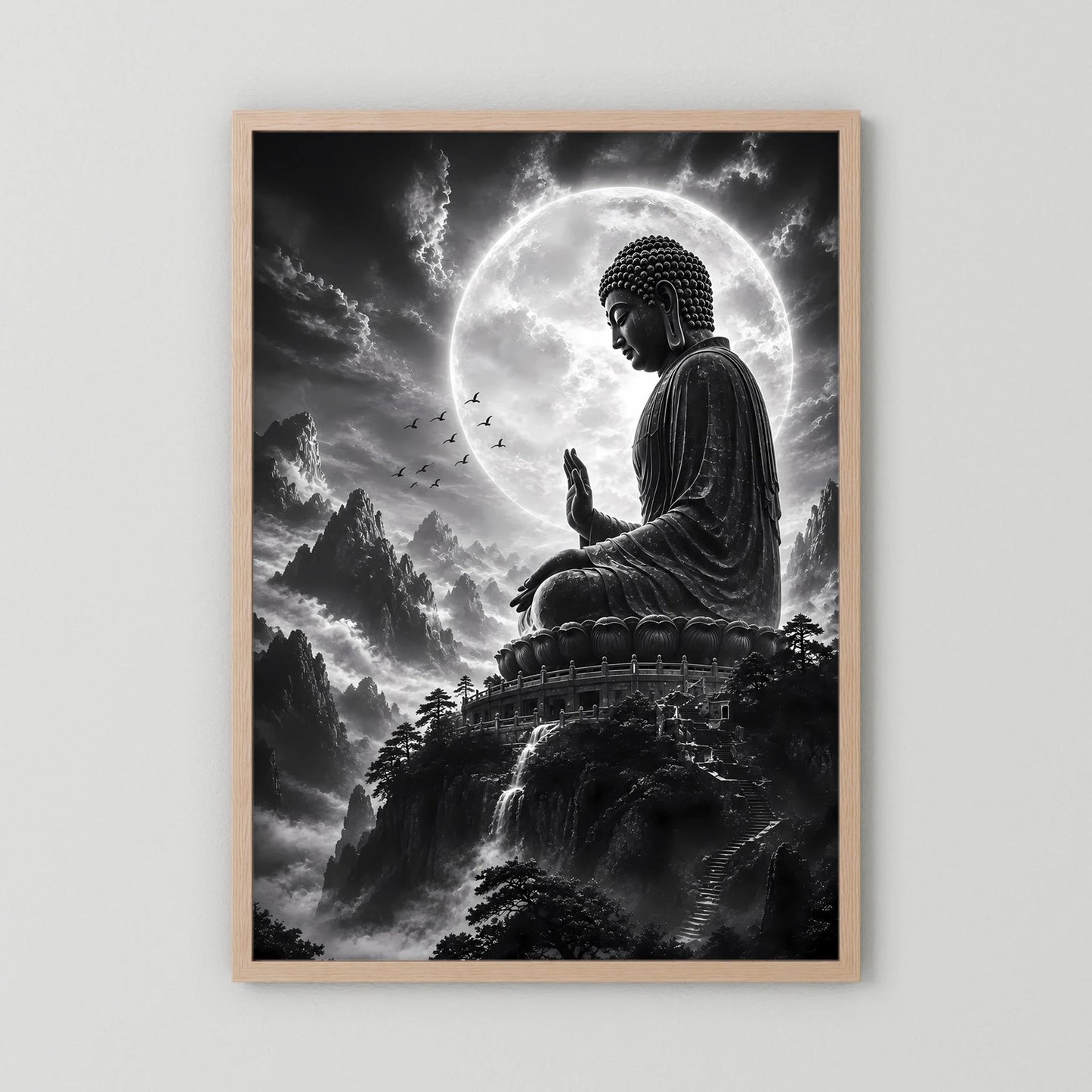 Hochformat-Poster mit sitzendem Buddha, Mondkreis und Berglandschaft, in hellem Holzdrahmen