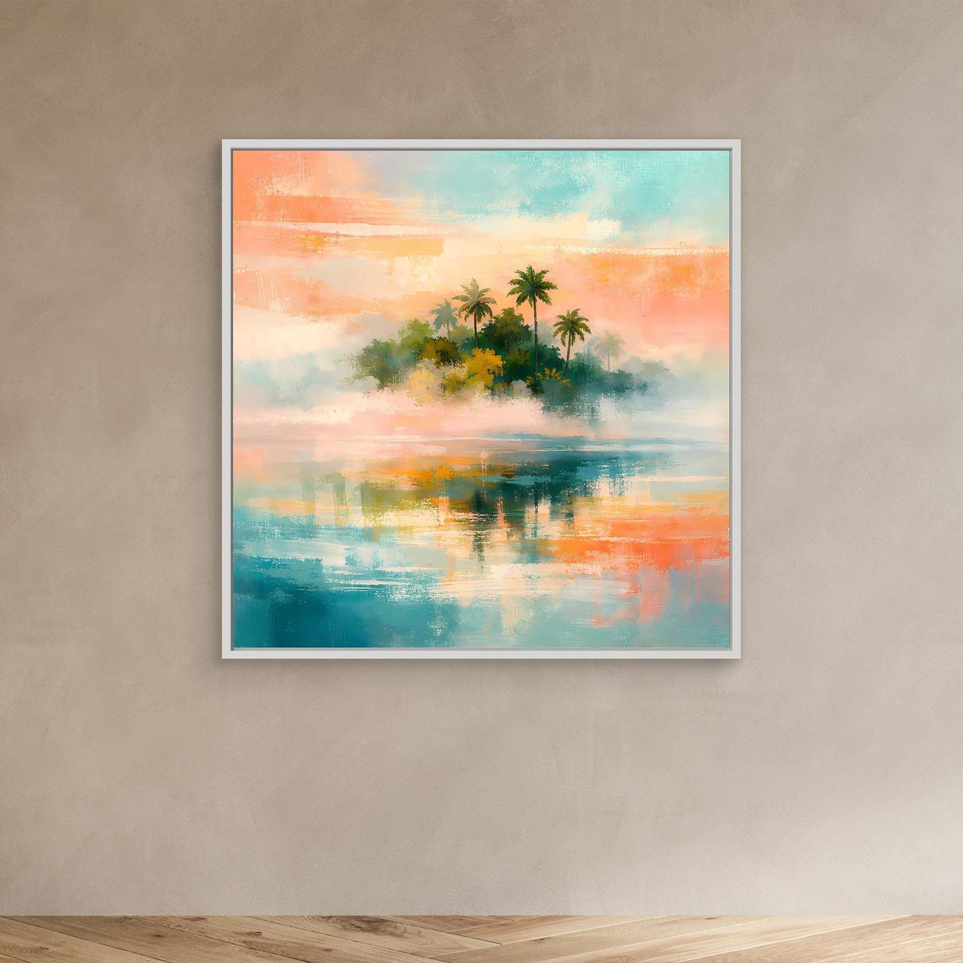 Abstraktes Wandbild mit Palmeninsel und Meer, türkis-rosa Farbverlauf im weißen Rahmen