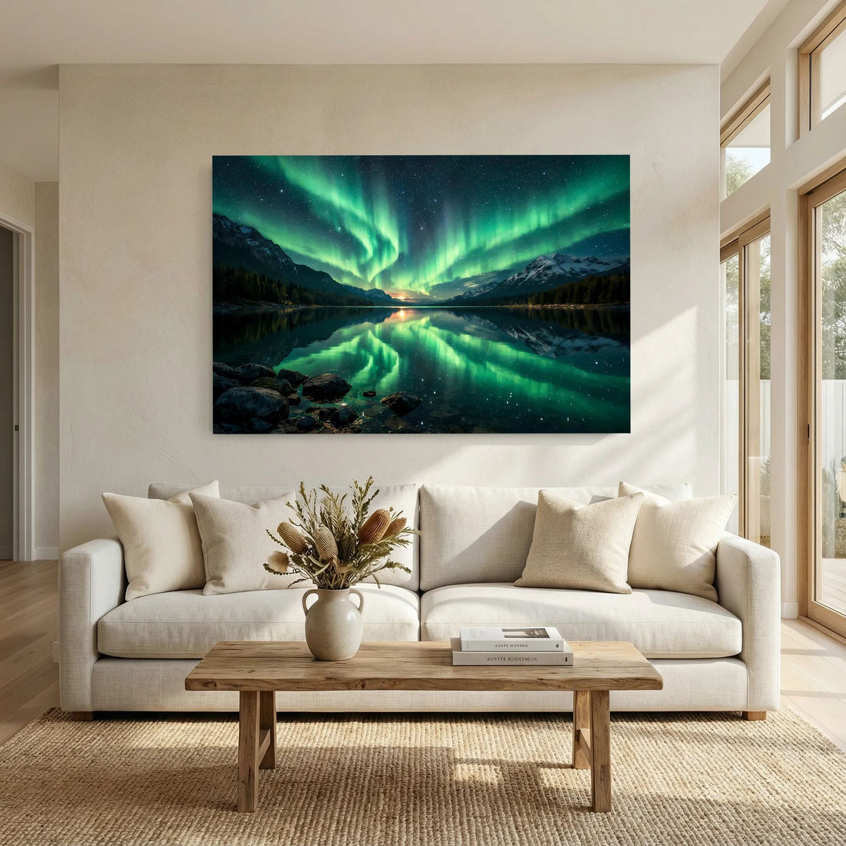 Querformatiges Fotowandposter: Polarlichter in Grün am Nachthimmel über Berg und See